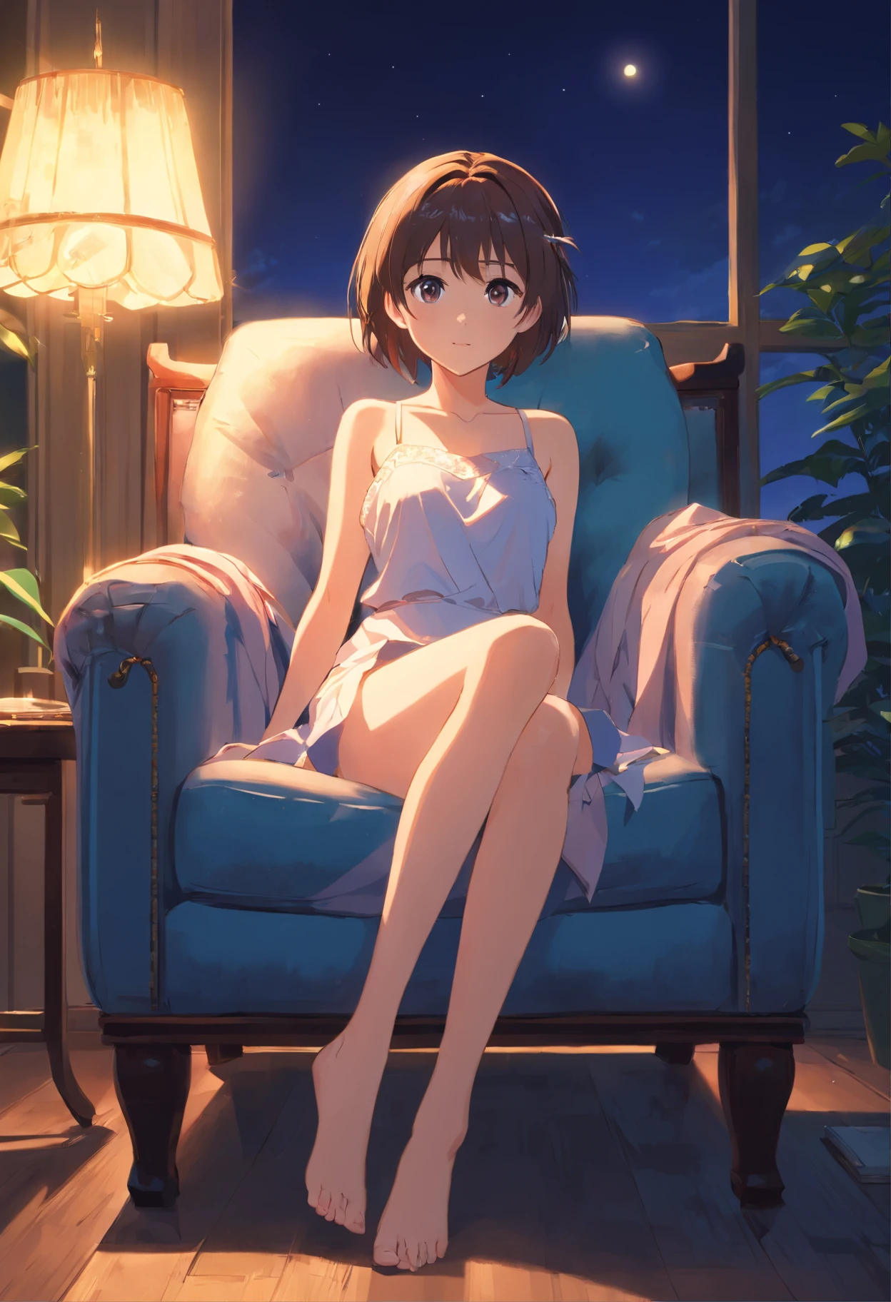 Girl about 20 years old, fullnude, Sitting in an armchair with legs spread, enchanted look, In the moonlight