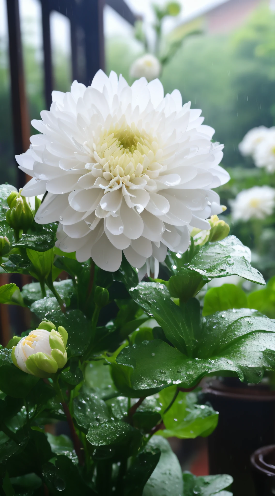 There is a white flower，There are water droplets on it, flor branca, flowers rain everywhere, It just rained, detailed white, flowers sea rainning everywhere, chrysanthemum eos-1d, chrysanthemums, dahlia flower, White flowers, after rainny, very high bloom ammount, beautiful  flowers, pristine and clean, On a rainy day
