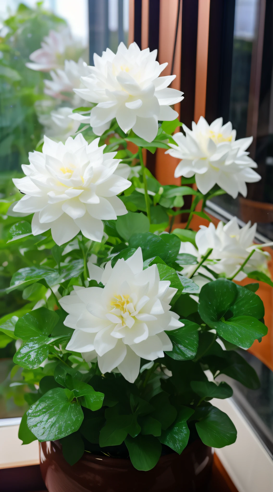 There is a potted plant with white flowers on the windowsill, White flowers, flor branca, detailed white, Beautiful large flowers, beautiful flowers growing, White roses, jasmine, lotuses, beautifully bright white, spirited water plants, beautiful flowers, 4 0 9 6, dahlia flower, elegant high quality, White, flowers blooming, large opaque blossoms