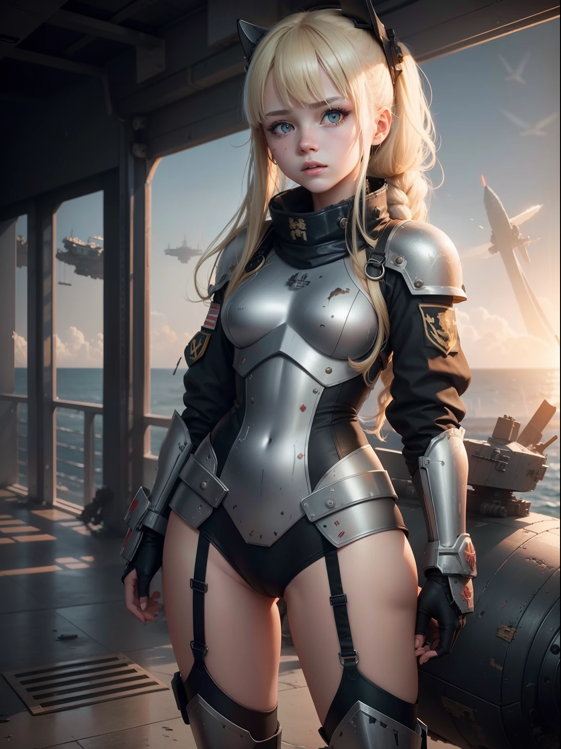 Destroyed aircraft carrier,ukrainian girl , Ukrainian anime girls , , Ukraine , Full body composition of young girl with messy bright blonde hair, eye make up, 13 year old, Soft lighting, Solo,, badges, Pose, Blotch color, Octane Render, Hyperrealistic intricate detail, Cinematic, 8K resolution, 70mm, Accent Lighting, Global Illumination, Full body portrait, clean detailed faces, poneyTail,Cute face,, Slim legs,Combat Armor,long court,full face helmet,Battleship Deck,Destroyed battleship