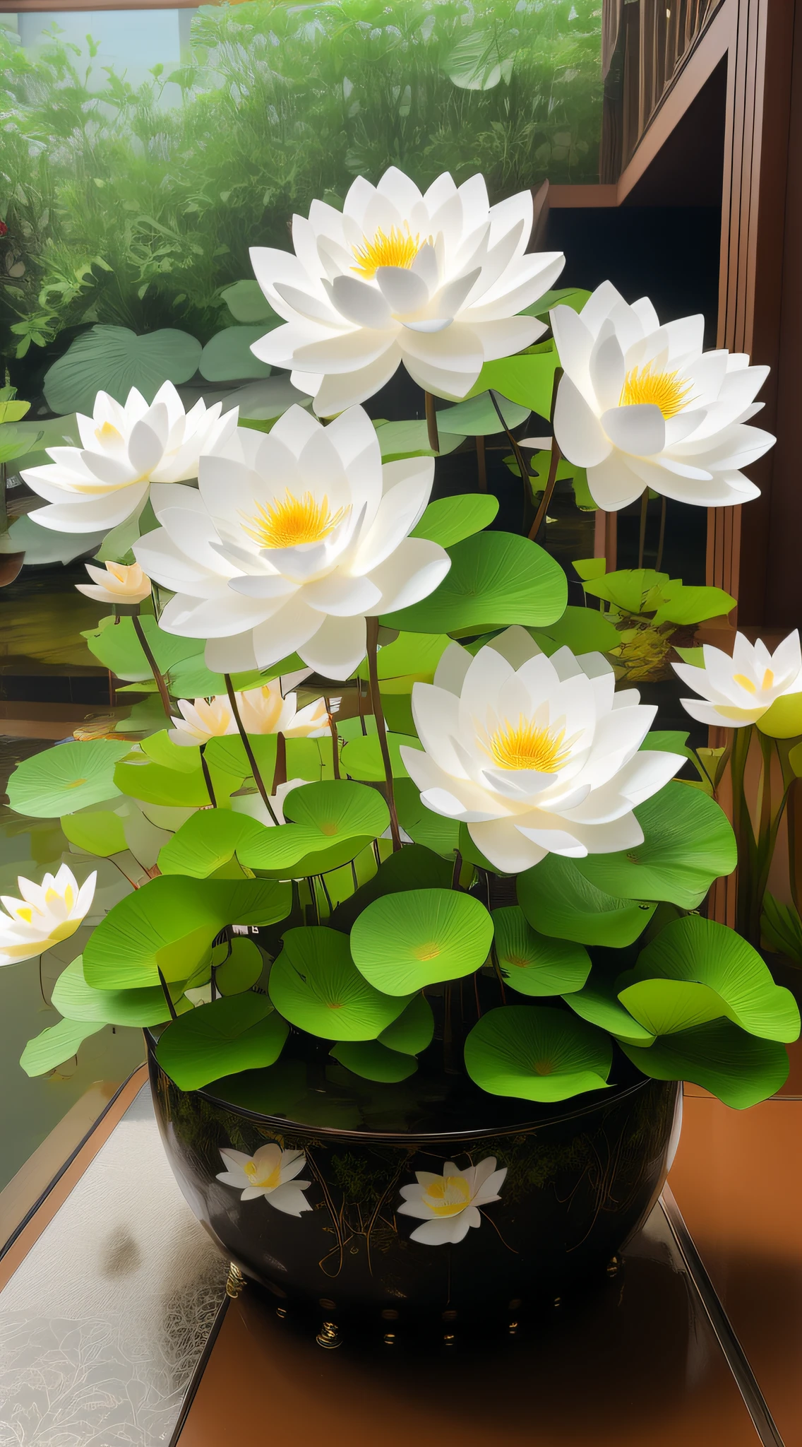 there is a potted plant with white flowers on a table, lotuses, spirited water plants, Beautiful large flowers, water lilies, lotuses, lotus flower, lotus flowers on the water, Incredibly realistic, Lotus pond, waterlily mecha nymphaea, standing gracefully upon a lotus, detailed white, lotus petals, large exotic flowers
