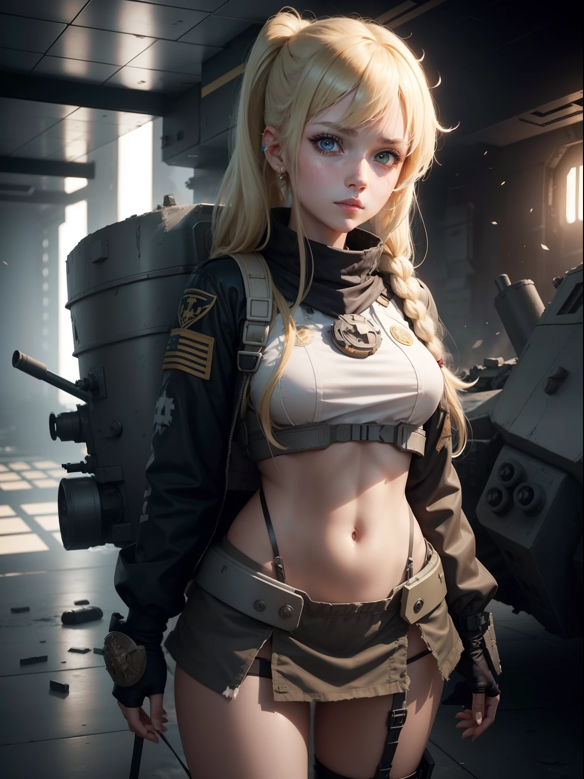 Destroyed aircraft carrier,ukrainian girl , Ukrainian anime girls , , Ukraine , Full body composition of young girl with messy bright blonde hair, eye make up, 13 year old, Soft lighting, Solo,, badges, Pose, Blotch color, Octane Render, Hyperrealistic intricate detail, Cinematic, 8K resolution, 70mm, Accent Lighting, Global Illumination, Full body portrait, clean detailed faces, poneyTail,Cute face,, Slim legs,Combat Armor,long court,full face helmet,Battleship Deck,Destroyed battleship
