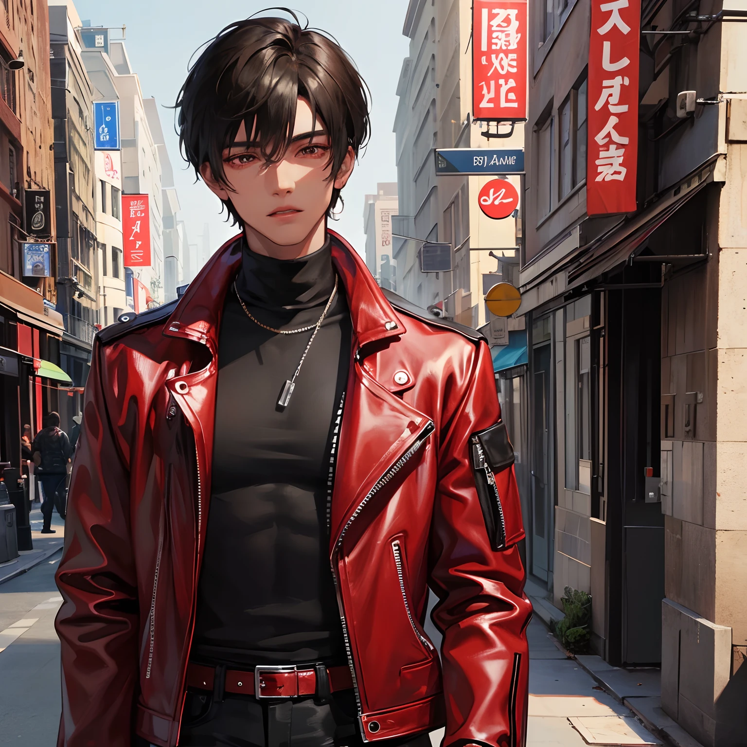 1boy, detailed face, detailed eyes, dark-skinned male, black hair, short hair, red eyes, red jacket, leather jacket, black turtleneck, black jeans, muscular male, outdoors, city