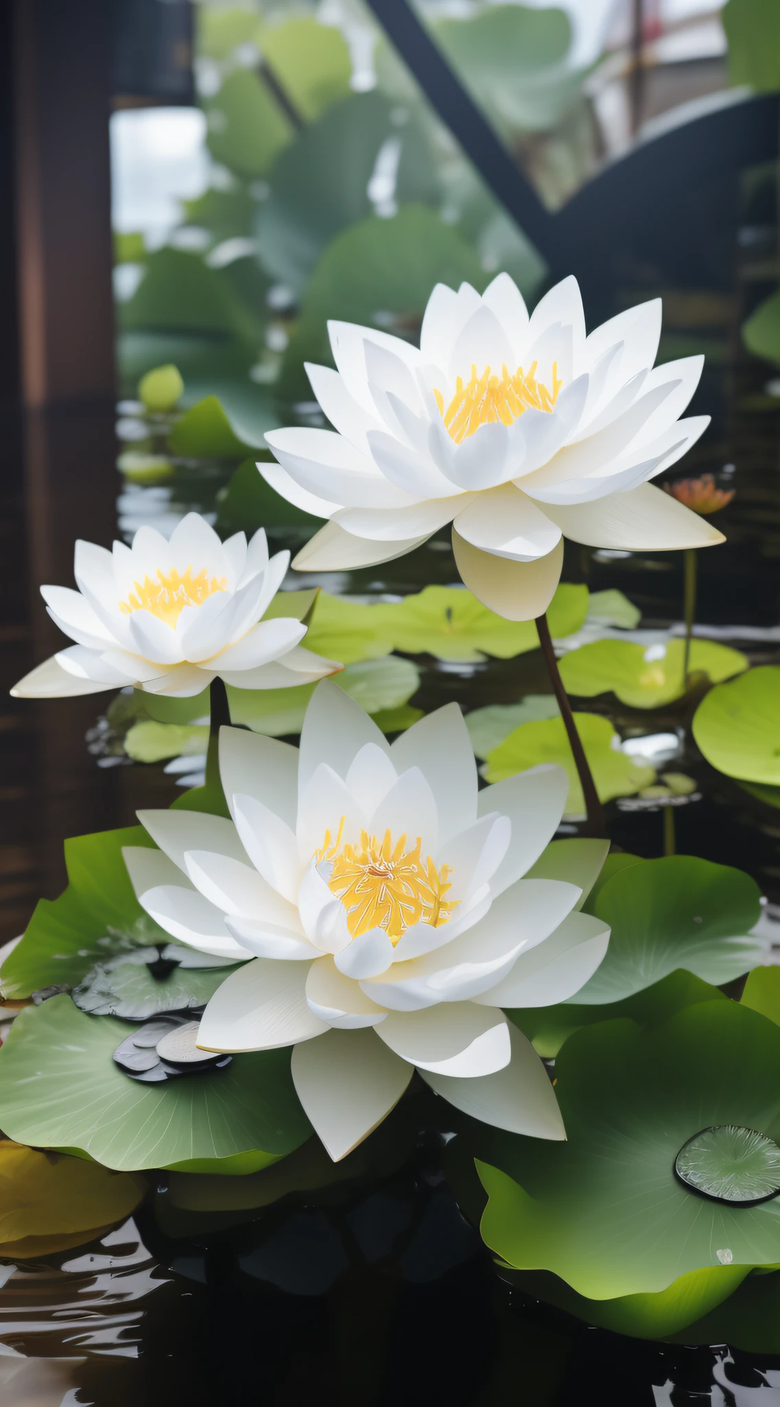 There are three white flowers in a pot on the table, lotuses, lotuses, lotus flowers on the water, lotus flower, lotus petals, with lotus flowers, Lotus, standing gracefully upon a lotus, water lilies, spirited water plants, Lotus pond, sitting on a lotus flower, very beautiful photograph of, waterlily mecha nymphaea