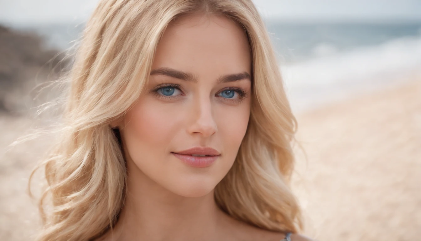 Pretty Woman, Windy and abundant blonde hair, bright blue eyes, realisitic, masutepiece, The Details, 4k, Beach background, High-detail lighting, little smile, Black skin, Wake up、masterpiece, Top Quality, High Quality, Hight Resolution