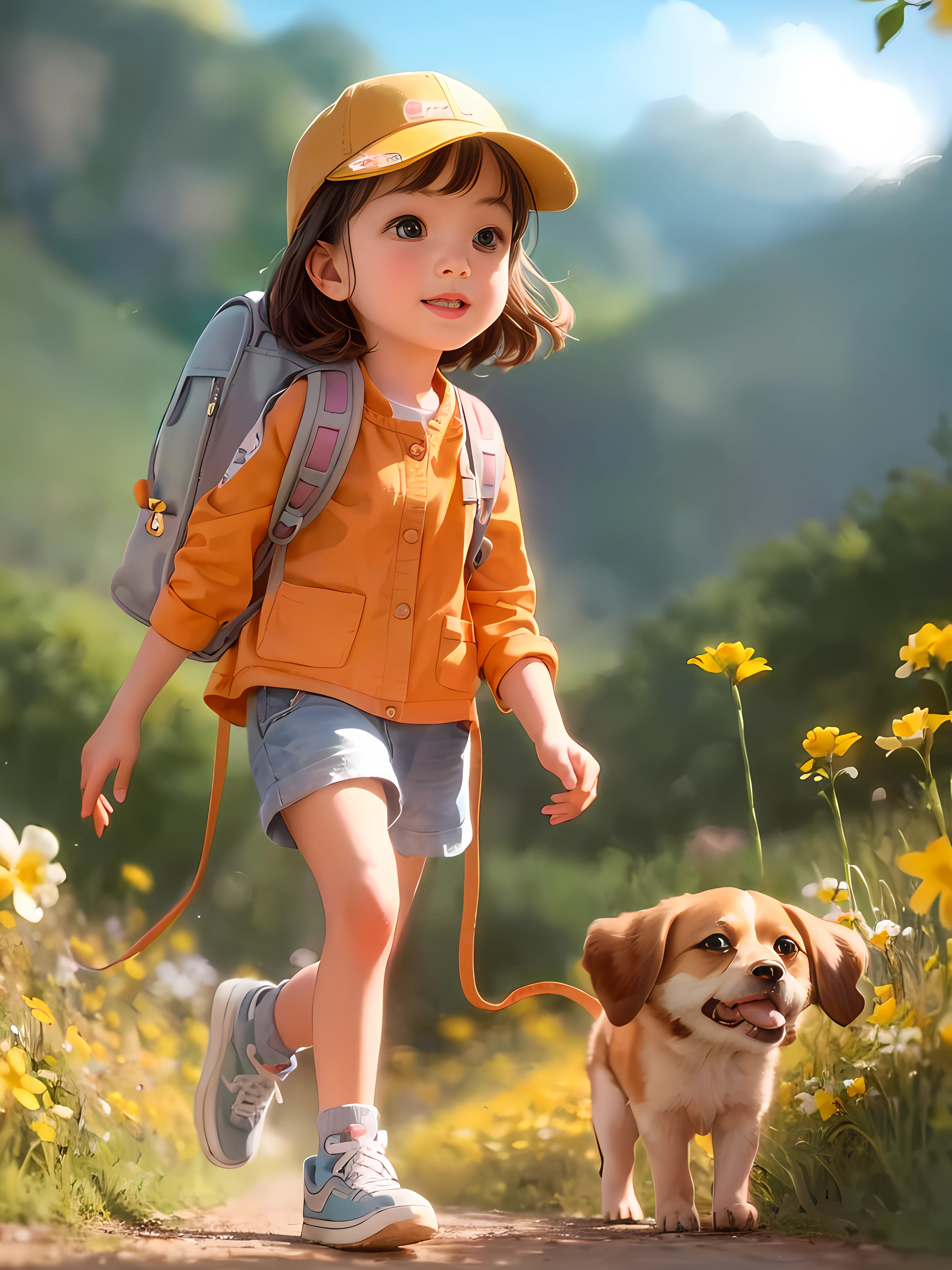 Tip: A very charming girl with a backpack and her cute puppy enjoying a lovely spring outing surrounded by beautiful yellow flowers and nature,perfect face. The illustration is a high-definition illustration in 4k resolution, featuring highly detailed facial features and cartoon-style visuals.