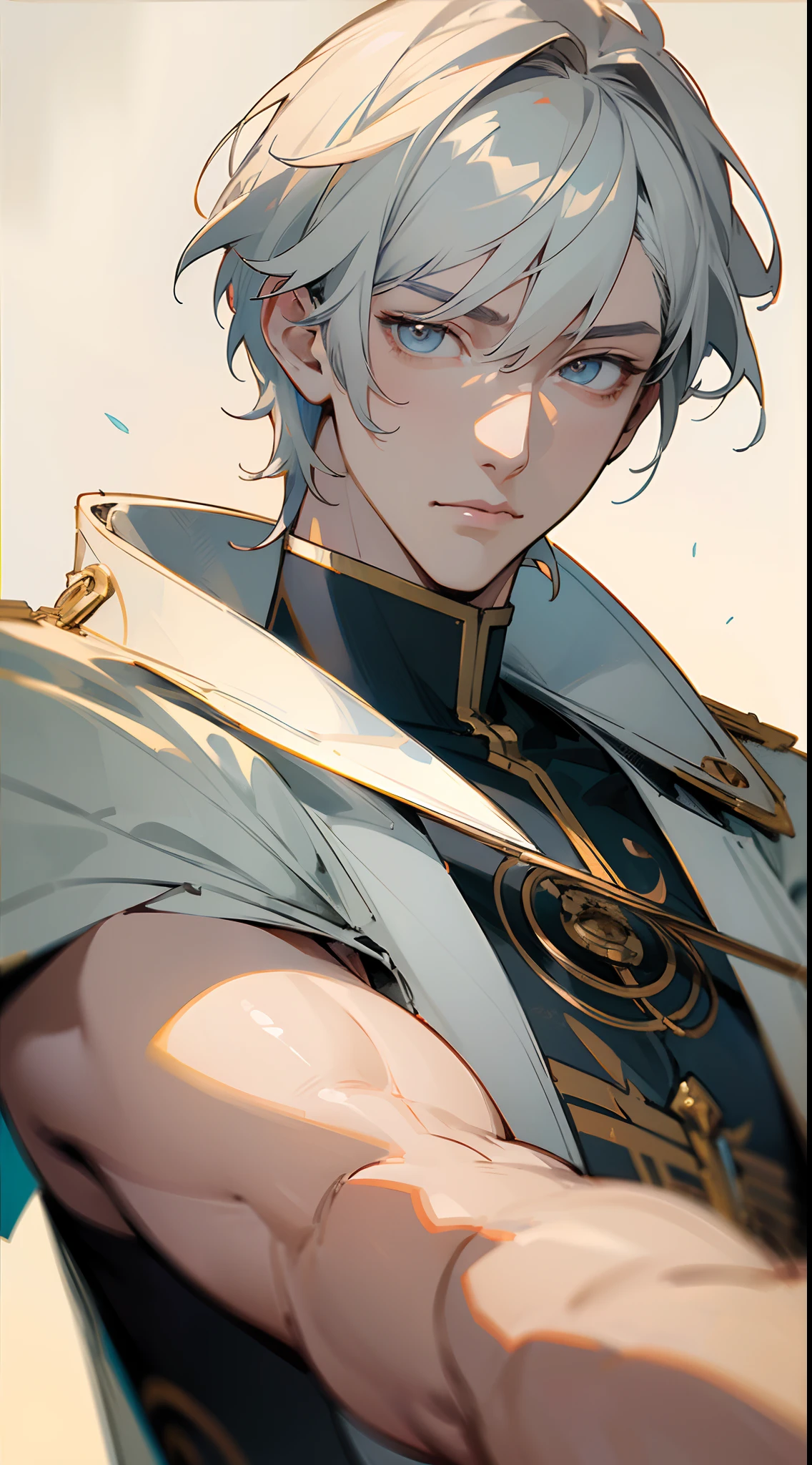 a close up of a person, anime handsome man, anime portrait of a handsome man, tall anime guy , stunning anime face portrait, handsome guy in, male anime character, high detailed face anime, young anime man, seinen manga portrait, beautiful anime portrait, perfect anime face,

(masterpiece, best quality:1.3),beautiful detailed glow,best illuminate,(((best quality,textile shading,ultra detailed))),extremely detailed CG unity 8k wallpaper,Highly Detailed beautiful and aesthetic,best light,high resolution,detailed,dynamic lighting , 

1Character , blue archive art style ,  pastel washed out colors , cell shade , soft, muted shades ,gentle colors ,

Handsome man , White hair , very Short hair , gold eyes , light skin , mature man , pale skin , muscular, tall , age 35 ,