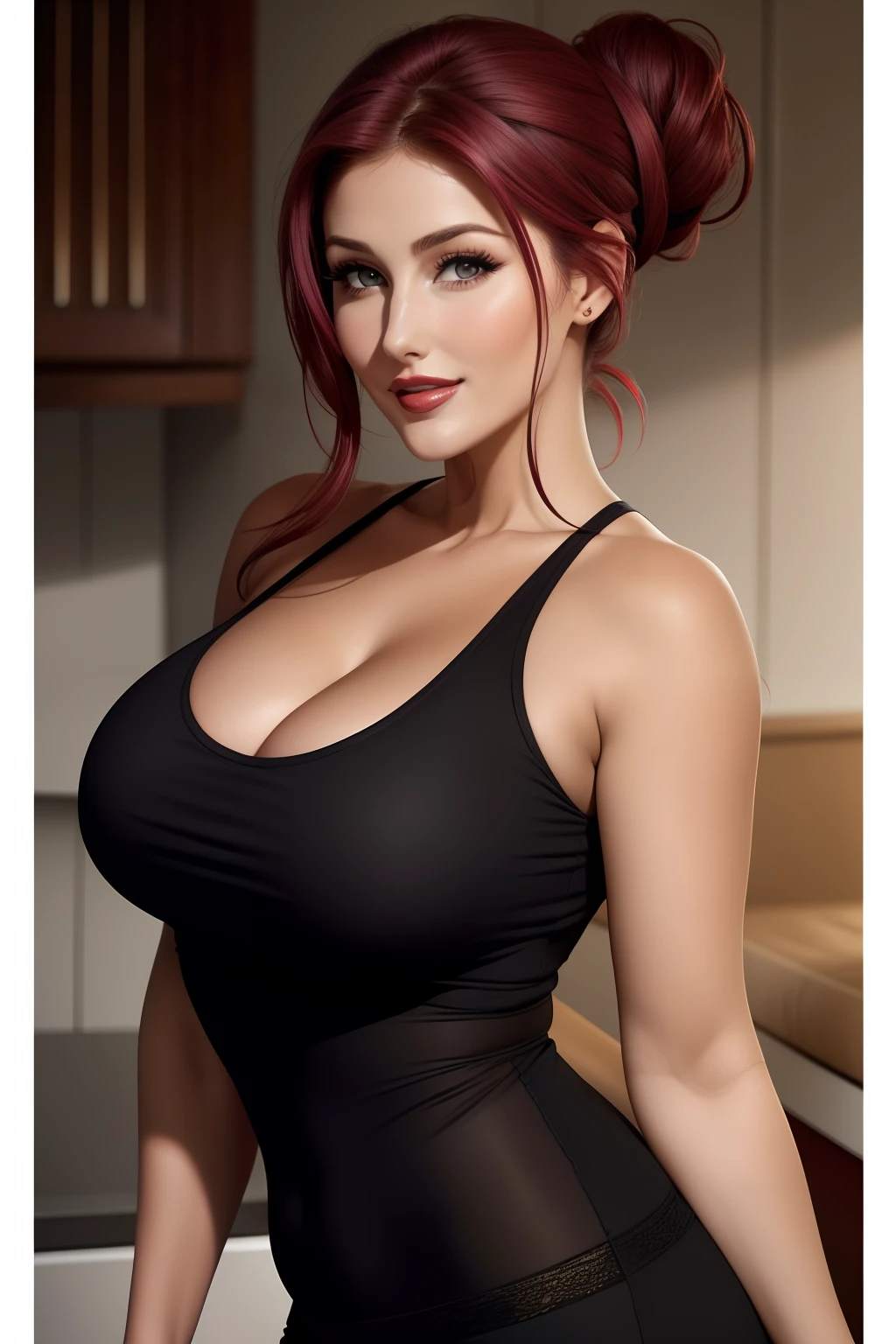 Lucy Pinder, face portrait, smiling, hair tied in a chignon, maroon hair, black t-shirt, red lipstick.