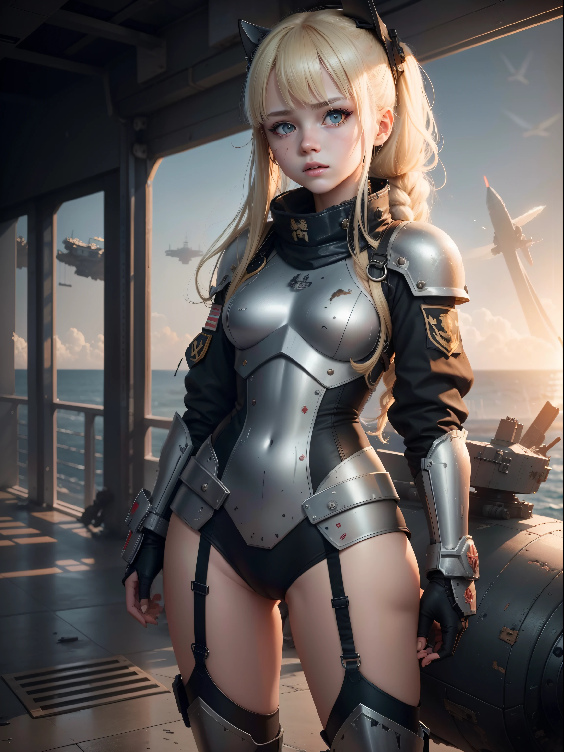 Destroyed aircraft carrier,ukrainian girl , Ukrainian anime girls , , Ukraine , Full body composition of young girl with messy bright blonde hair, eye make up, 13 year old, Soft lighting, Solo,, badges, Pose, Blotch color, Octane Render, Hyperrealistic intricate detail, Cinematic, 8K resolution, 70mm, Accent Lighting, Global Illumination, Full body portrait, clean detailed faces, poneyTail,Cute face,, Slim legs,Combat Armor,long court,full face helmet,Battleship Deck,Destroyed battleship