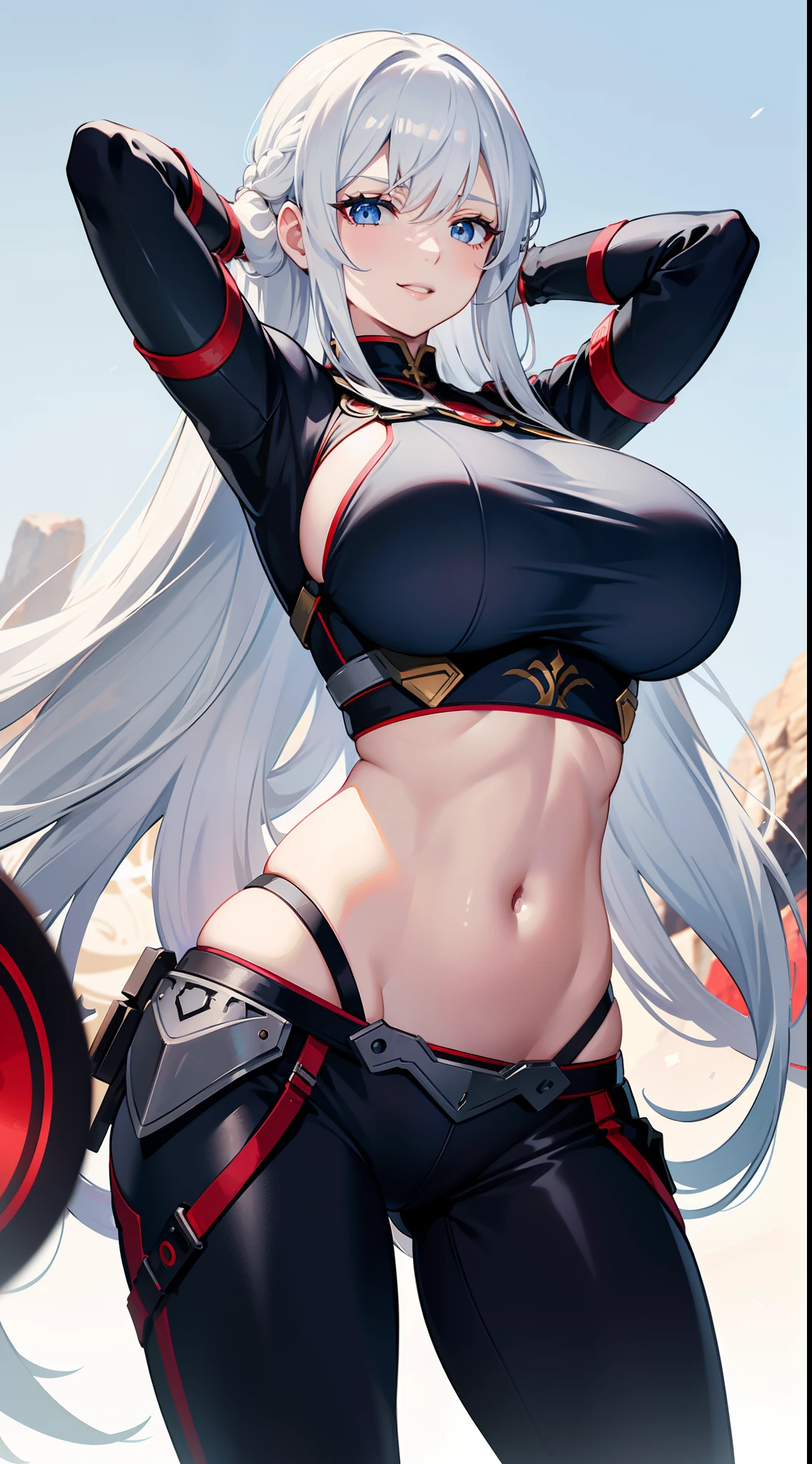 Adult woman, Long white hair, blue eyes, Smile, Red tight top, Huge-breasts, open belly, Combat pants, hands behind head, hiquality, 4k, HD, Good detail