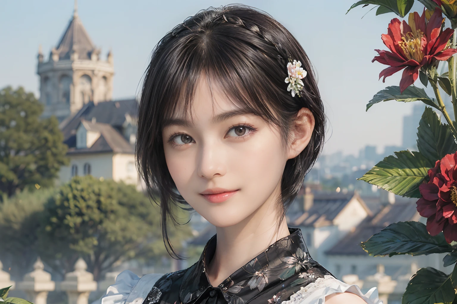 11
(Black Shorthair:1.3), (a 20 yo woman), (A hyper-realistic), (Masterpiece), (8KUHD), Beautiful woman, a smile, (Maid clothes with floral patterns:1.2), Large and luxurious terrace, Standing in a garden with a wide depth, (Focus on the face:1.23), ２Have a pet dog