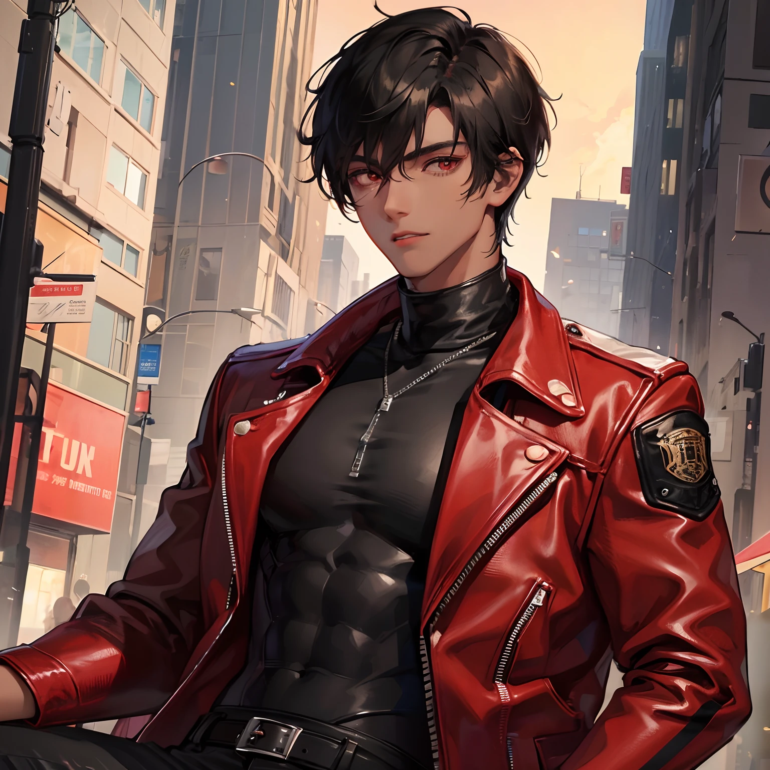 1boy, detailed face, detailed eyes, dark-skinned male, black hair, short hair, red eyes, red jacket, leather jacket, black turtleneck, black jeans, muscular male, outdoors, city