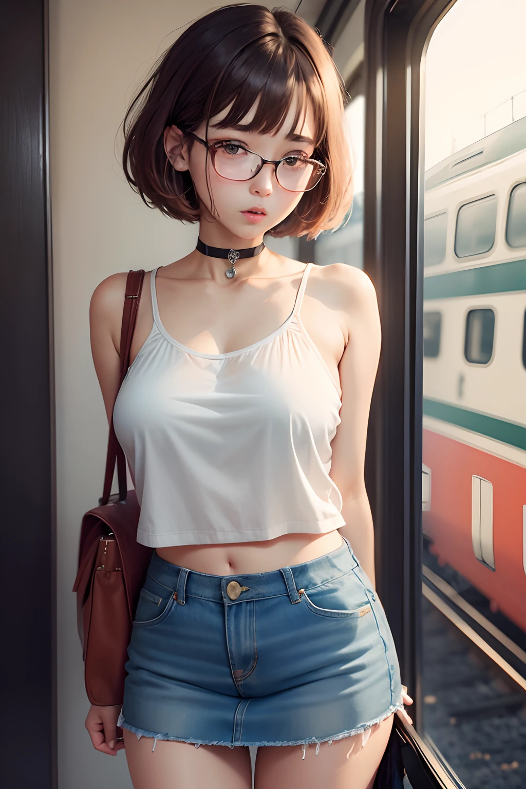 ((top-quality、8K、​masterpiece:1.3)),Super Detailed Face,up of face,a short bob,Tying hair,summer clothing,White Date,japanes,Red glasses:1.2,Tank Tops,Wearing a choker,A bracelet,Embarrassing,a miniskirt,Thin leg,Inner Stock ,Brown hair,Surrounded by men on a train,embarassed expression