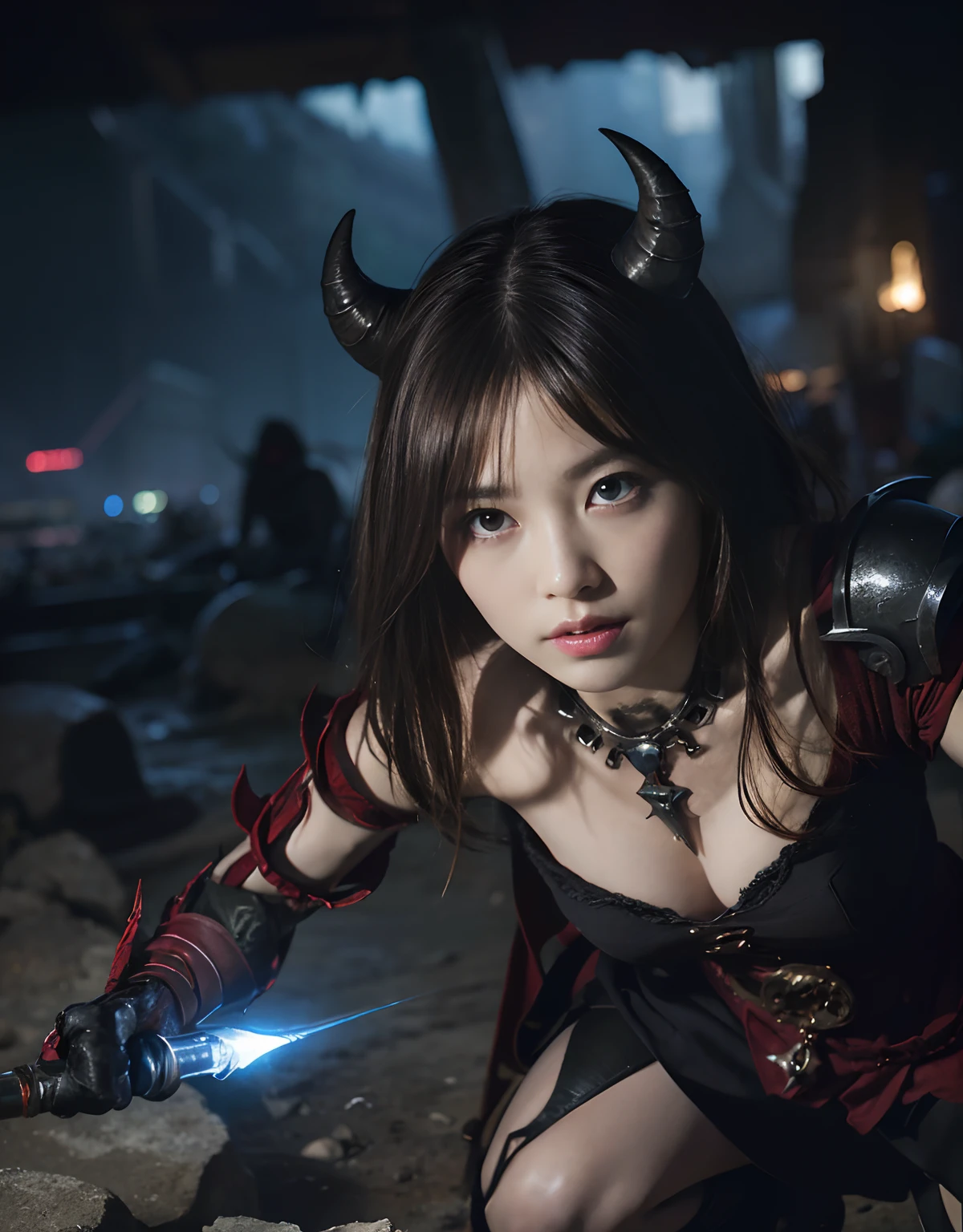 (One Knight Girl)、top-quality、masterpiece、超A high resolution、(Photorealsitic:1.4)、Raw photo、1人、Fight mutants、(Wear the Dark Knight's Armor)、glowy skin、(((Dark Fantasy)))、With a beautiful sword and shield、(Black Metal Bodysuit)、(Fight goblins、ogre、Fierce battle with orcs),(Fight fiercely against aliens)、Fight fiercely、(Skeleton collective background),(Background of decaying dungeon ruins)、(Skeleton helmet)、(Fighting Demonic Beasts)、(Small LED)、((super realistic details))、portlate、(Strong giant demon beast background),globalillumination、Shadow、octan render、8K、ultrasharp、Colossal tits、Raw skin is exposed in cleavage、metals、Details of complex ornaments、Japan details、highly intricate detail、Realistic light、(Mystical expression),CGSoation Trends、Red Eyes、radiant eyes、Facing the camera、neon details、(Mechanical limbs)、(blood vessels connected to tubes)、()、Gundam、Small LED、Toostock、(Fight aliens on another planet)、(Attack of the Monster Beasts)、(Wounded in a deadly battle)、