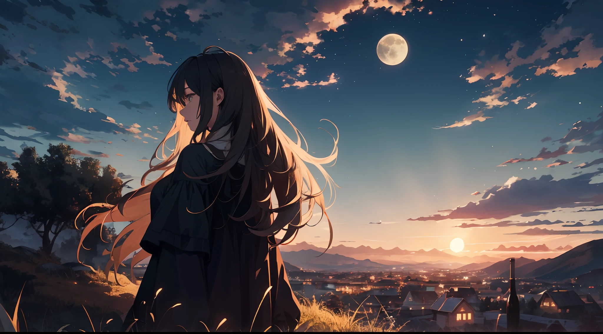 Masterpiece, best quality, night, hills, clouds, full moon, long hair, woman, silhouette, firefly.