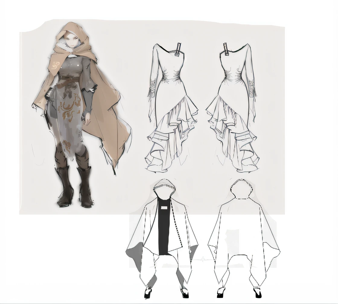 Sketch of a woman in a dress and cape，Cloaked, clothing concept, costume desig, clothing design, fashion concept art, new costume concept design, clothing design, clear outfit design, concept sheet, clothing design, full body concept, fluid robes and leather armor, design sheet, concept design, design concept art, fashionable rpg clothing, clothing design，Remove the background