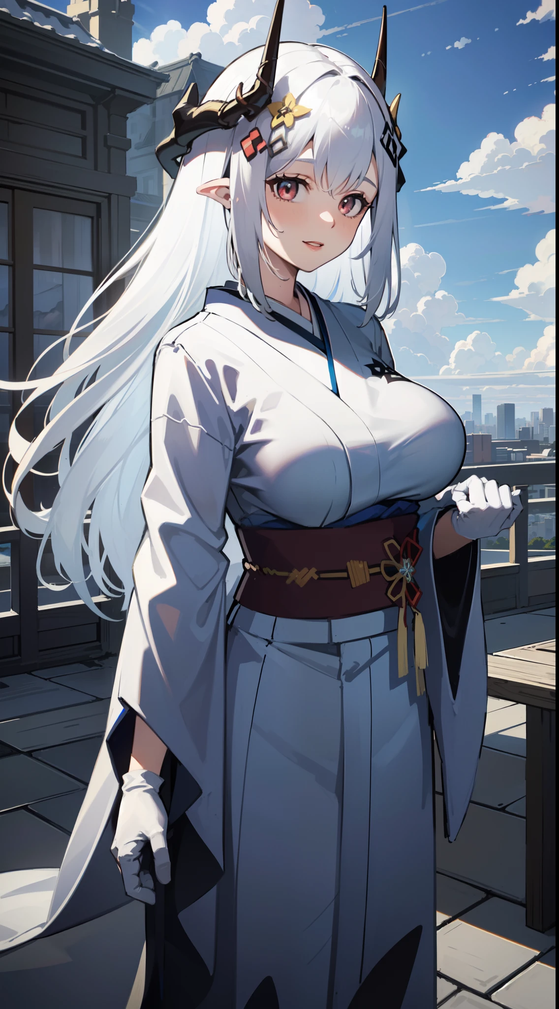 masterpiece, best quality, extremely detailed, 1girl, mature female, solo, mdrk, (huge breasts:1.2), horns, parted lips, (((blue kimono, snowflake print, white obi, furisode, white gloves))), light smile, futuristic cityscape, (cloudy sky:1.6)