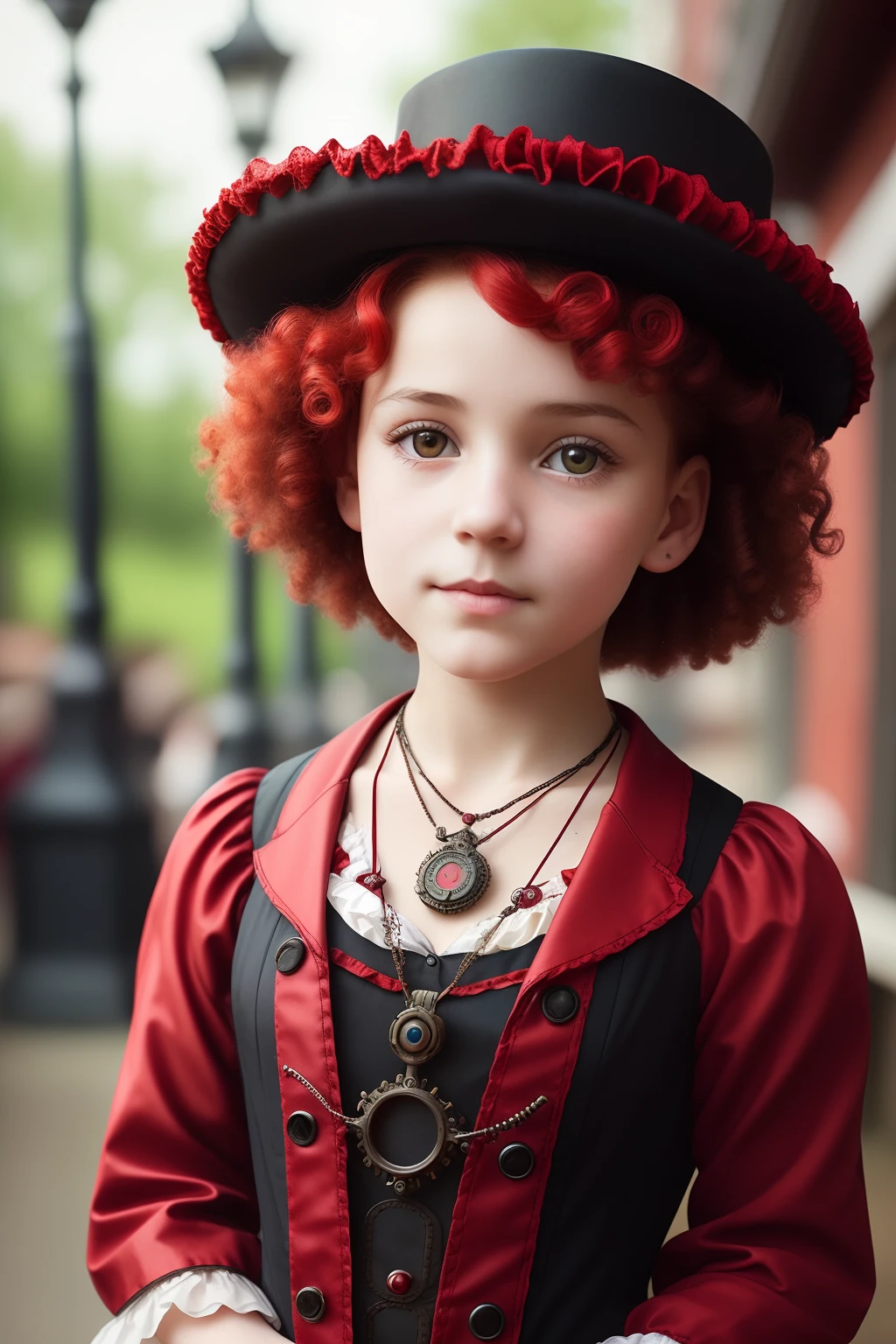 a closeup, Red short curly girl, Little Red Hat, Necklace Watches, (Victorian Age), ((steampunc)), cinematic photography, Crafted, elegent, With extreme caution, Magnificent, Maximum detail, Very hyper-aesthetic, complexly detailed, Many gears、Old Town Background