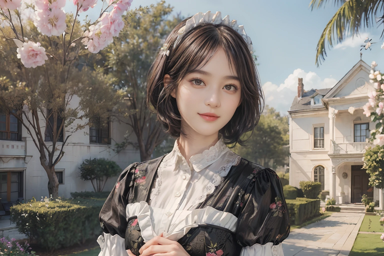 11
(Black Shorthair:1.3), (a 20 yo woman), (A hyper-realistic), (Masterpiece), (8KUHD), Beautiful woman, a smile, (Maid clothes with floral patterns:1.2), Large and luxurious terrace, Standing in a garden with a wide depth, (Focus on the face:1.23), 2Have a pet dog
