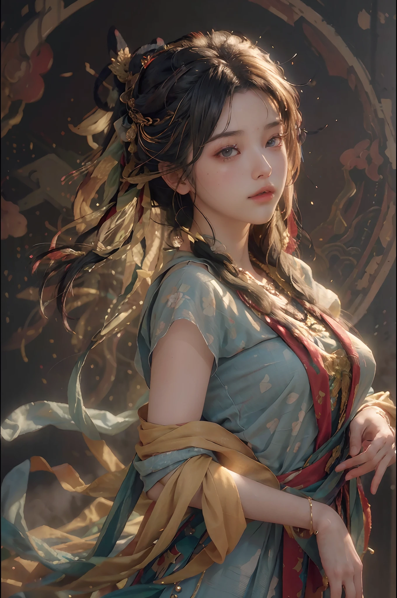 (RAW photo, best quality), (realistic, photo-realistic:1.3),best quality,highly detailed,masterpiece,ultra-detailed,illustration,1girl,upper_body,dynamic angle,world masterpiece theater,messy_long_hair,best quality,extremely detailed CG unity 8k wallpaper,ink,Amazing,cinematic lighting,lens_flare, dunhuang_style