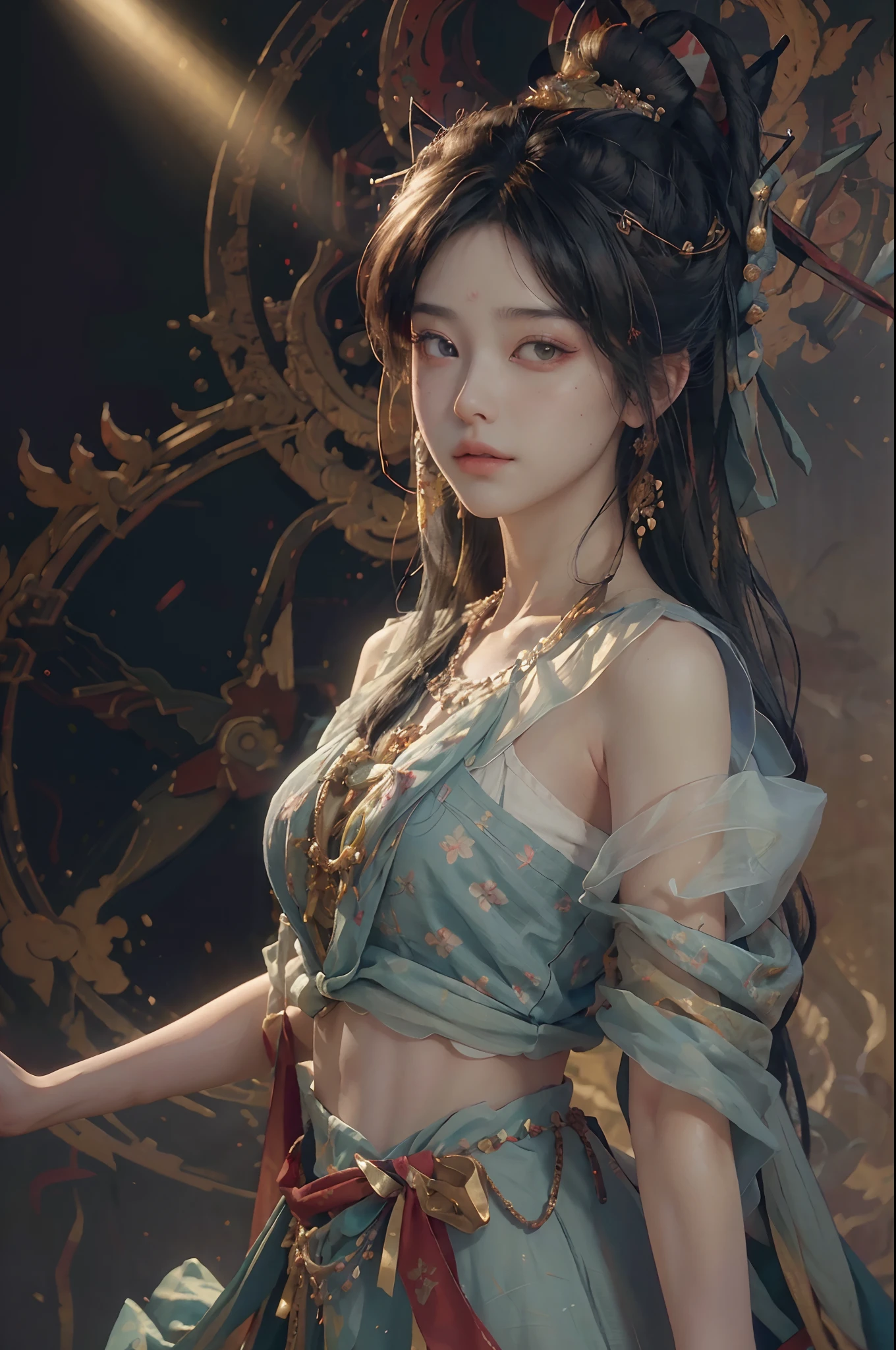 (RAW photo, best quality), (realistic, photo-realistic:1.3),best quality,highly detailed,masterpiece,ultra-detailed,illustration,1girl,upper_body,dynamic angle,world masterpiece theater,messy_long_hair,best quality,extremely detailed CG unity 8k wallpaper,ink,Amazing,cinematic lighting,lens_flare,,dunhuang_style
