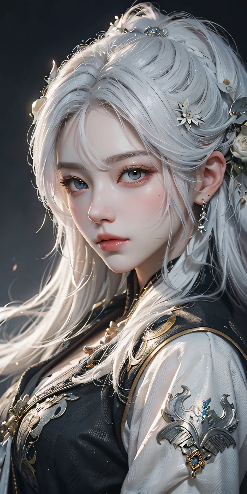 Photorealistic, very high res, 1womanl, 独奏,clubs,palaces,oriental architecture ray tracing,{best qualtiy},{ {tmasterpiece}},Extremely detailed 8k wallpaper,{An extremely delicate and beautiful},intricately details,photorealestic,Realiy,Camera quality,(Carefully portray clothes),Cold white skin,(Carefully portray blush),1080p,Hips up, (Detailed face), A cold face,White hair, Medium breasts, long whitr hair, Sword repair,White robe,Oversized clothes, jewelry,Smooth light silver hair,Messy beauty,lamplight,The skin is shiny and silky,tmasterpiece,The best quality,The illustrations are super detailed,beautidful eyes,Very detailed 8k CG wallpaper,Peach blossom eyes,An extremely delicate and beautiful girl,8k wallpaper,best qualtiy,close-up all over the body