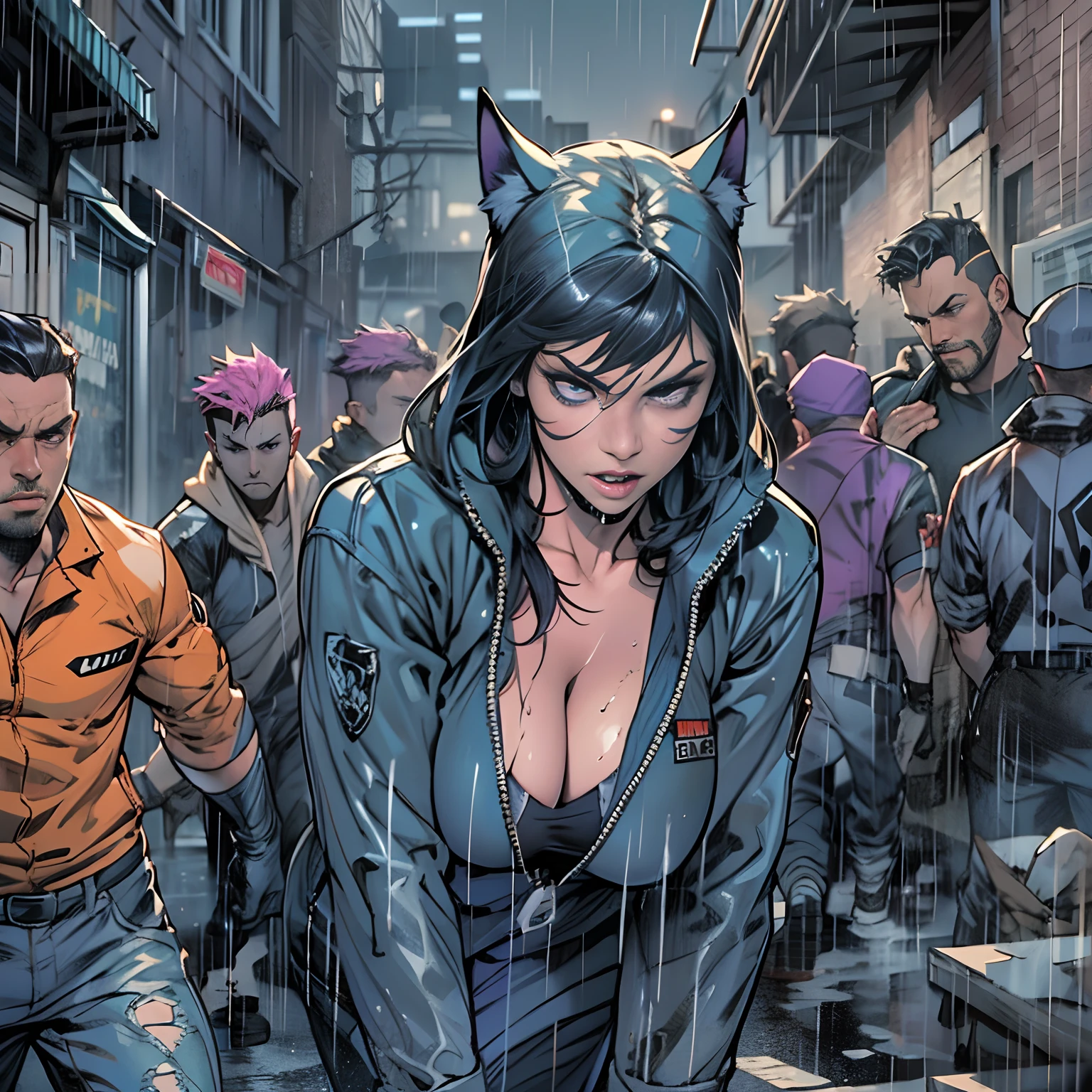 A cat woman in a purple jumpsuit in DC Comics stands in front of a group of male hooligans, huge tit, Buttock augmentation ,Soaked all over, Her expression is tense, She turned her head to the side, The hooligans looked at her intently, Fall into a dimly lit alley,with intense rain, full body pov, 32K, Best quality, Masterpiece, Super detail, High details ,