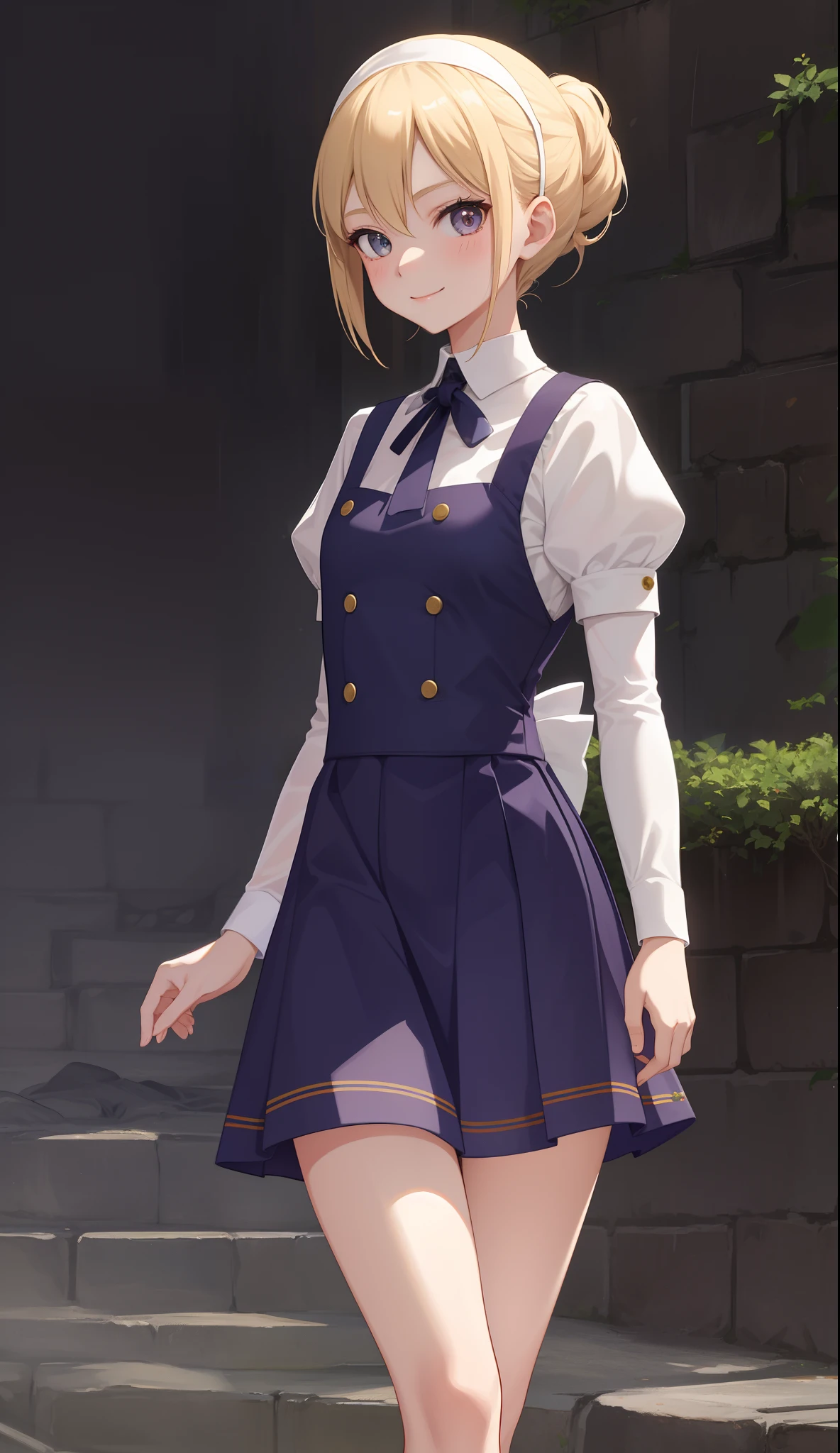 1girl in、AS-Adult、A smile、The shirt、Mini skirt、pantiy、(small tits)、doress、pinafore、Hair decoration、(Maid costume)、Walking with a thigh、Upper body portrait、