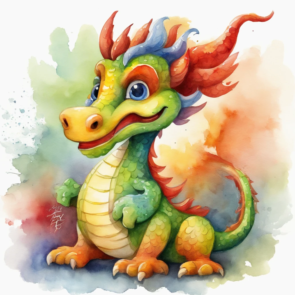 Cute little Chinese dragon, Cartoon, Multi-colored watercolor, White square background