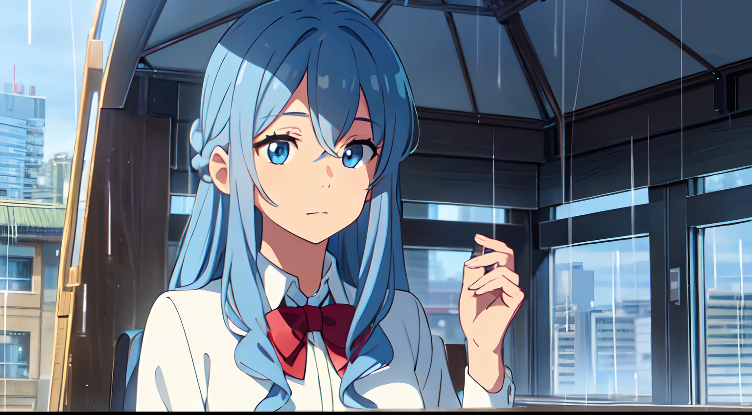 masterpiece, best quality, 1girl, solo, tanned skin, light blue hair, (long wavy curly hair), braiding, with blue eyes, rain, city, school uniform, sky, close up