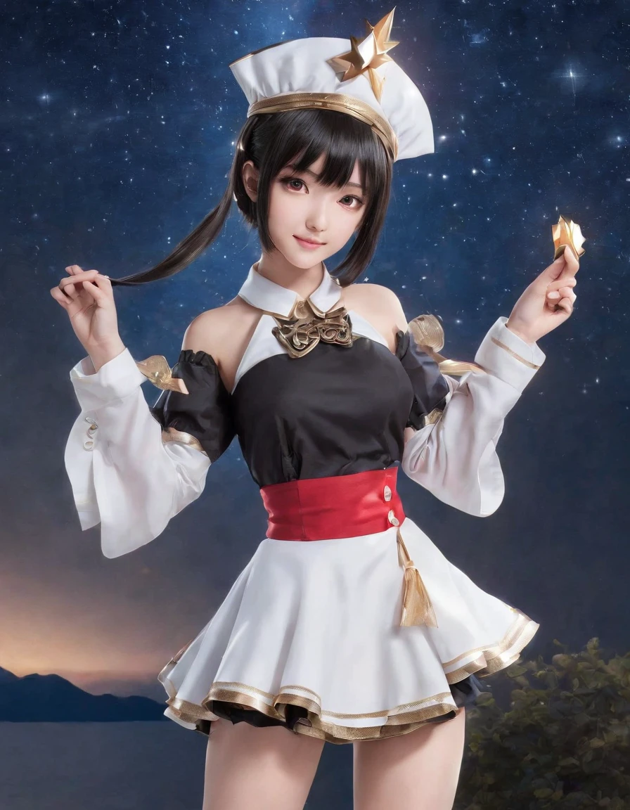 masutepiece, Best Quality, Extremely detailed, Anime, girl, magical girl costume, Magic, Pretty women, bob cuts, Mini skirt, Garter Belt, zettai ryouiki, Black hair, Black eyes, magical little girl, Fantasy, Smile,Magic Effects,Panchira,Bullish appearance,natta,Beautiful starry sky,