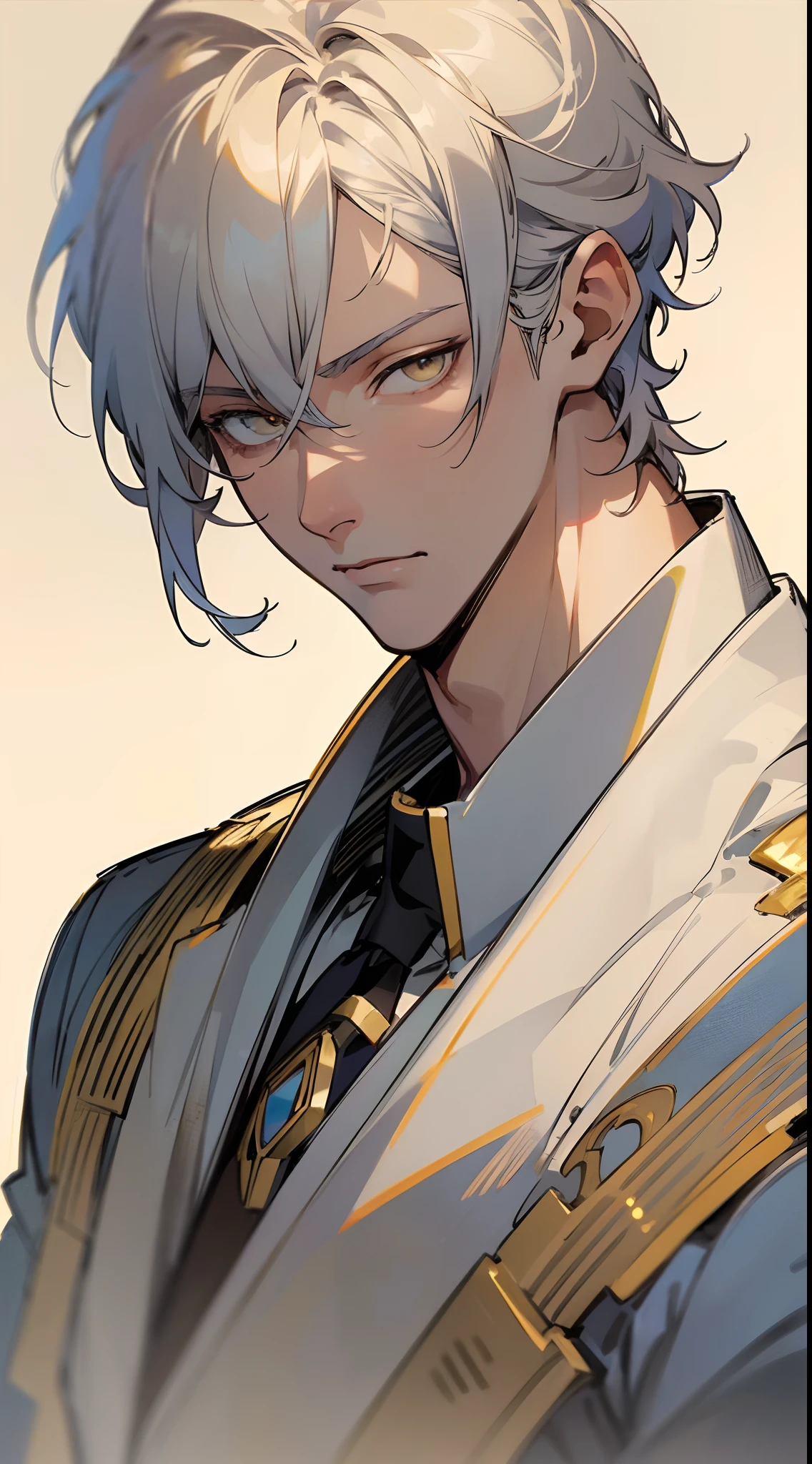 a close up of a person, anime handsome man, anime portrait of a handsome man, tall anime guy , stunning anime face portrait, handsome guy in, male anime character, high detailed face anime, young anime man, seinen manga portrait, beautiful anime portrait, perfect anime face,
(masterpiece, best quality:1.3),beautiful detailed glow,best illuminate,(((best quality,textile shading,ultra detailed))),extremely detailed CG unity 8k wallpaper,Highly Detailed beautiful and aesthetic,best light,high resolution,detailed,dynamic lighting ,
1Character , blue archive art style , pastel washed out colors , cell shade , soft, muted shades ,gentle colors ,
Handsome man , White hair , very Short hair , ((gold eyes:1)) , light skin , mature man , pale skin , muscular, tall , age 35 ,