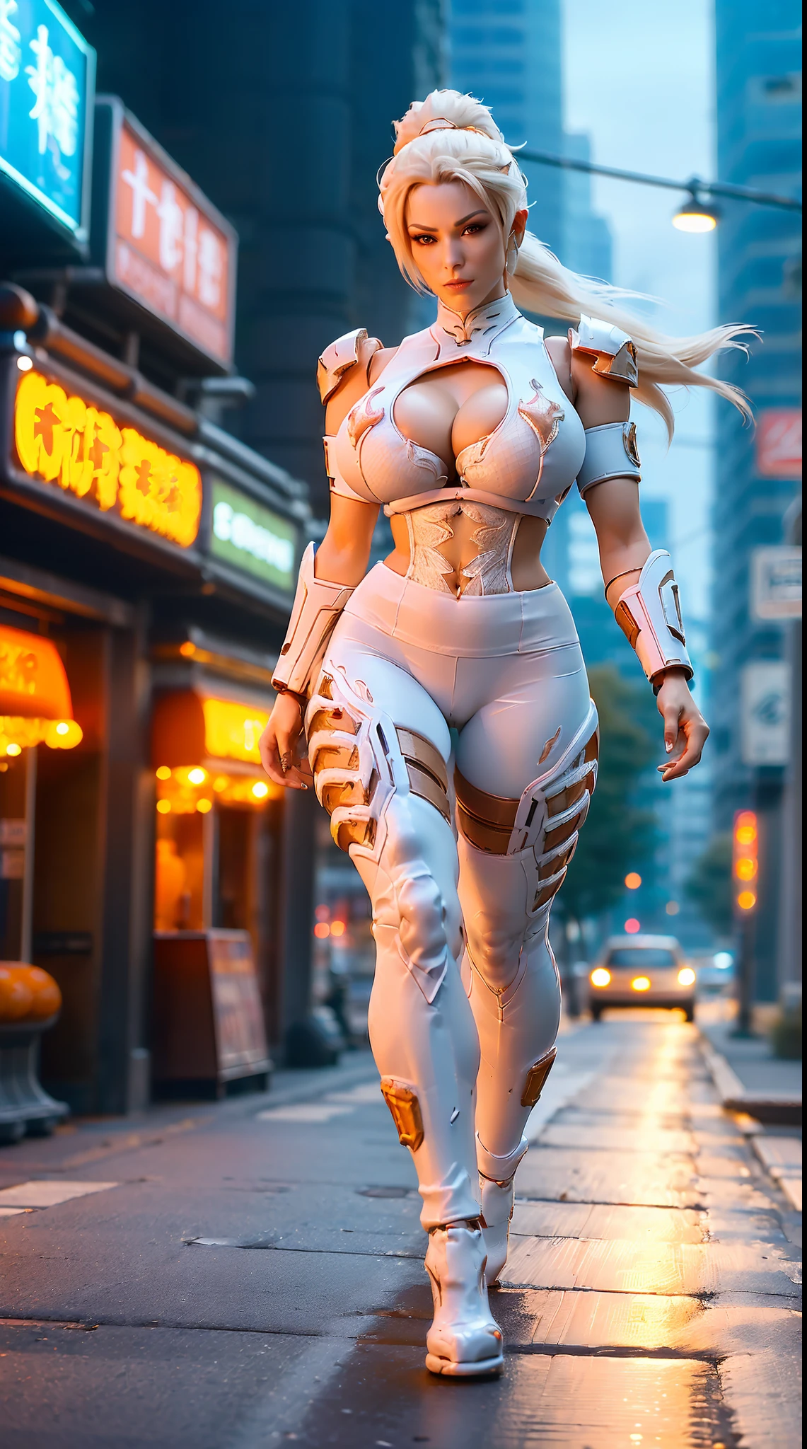 (((2 PAIR DRAGON HORN))), PONYTAIL, (HUGE FAKE BOOBS:1.3), (BEAUTIFUL FACE), (WHITE, ORANGE), (CYBERPUNK STREET CITY BACKGROUND), (CYBER MECHA BRA), (CLEAVAGE), (SKINTIGHT YOGA PANTS), (HIGH HEELS), (PERFECT BODY:1.2), (FULL BODY VIEW), (LOOKING AT VIEWER), (WALKING DOWN:1.3), MUSCULAR BODY, MUSCLE ABS, UHD, 8K, 1080P.