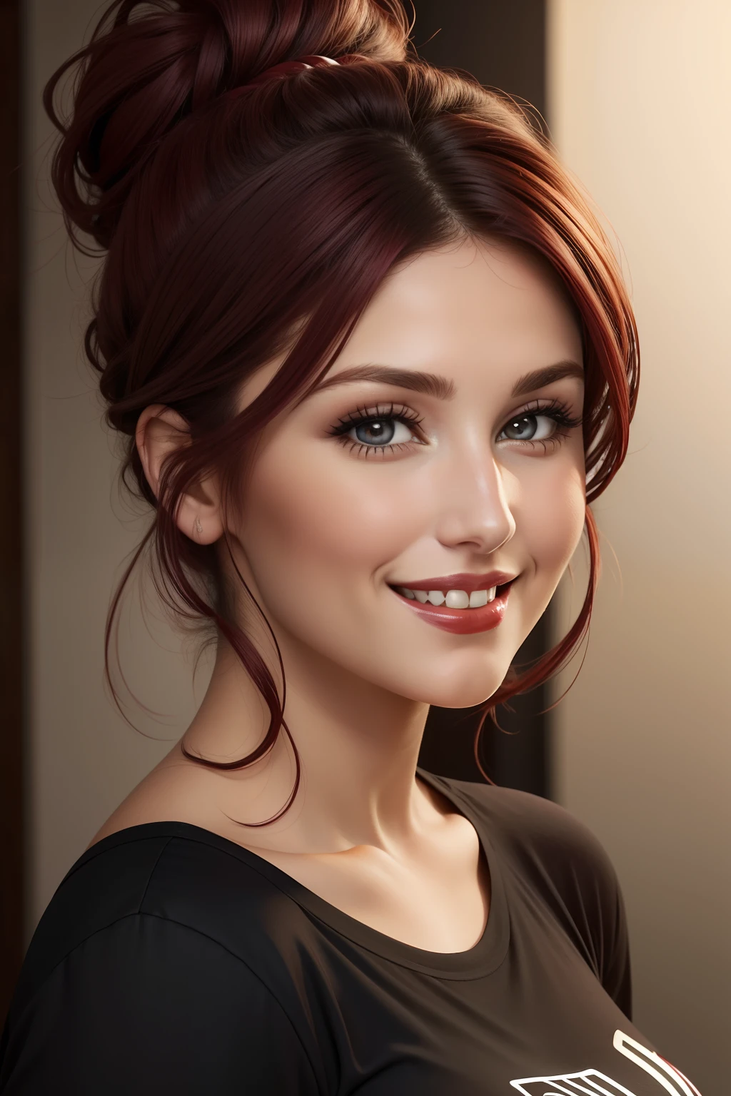 Lucy Pinder, face portrait, smiling, hair tied in a chignon, chubby woman, maroon hair, black t-shirt, red lipstick.