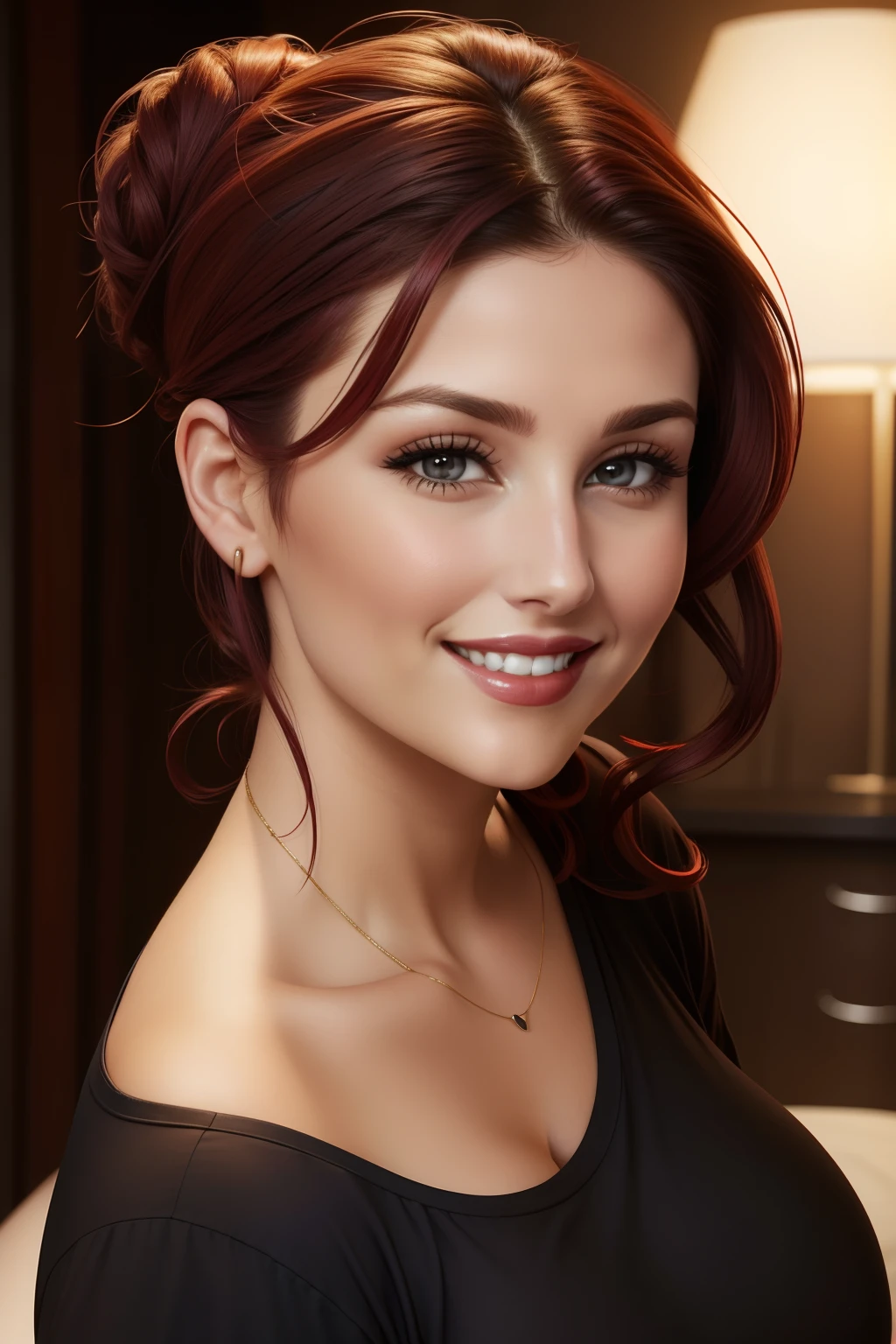 lucy pinder, face portrait, smiling, maroon hair, curly hair, hair tied in a chignon, girlfriend, red lipstick