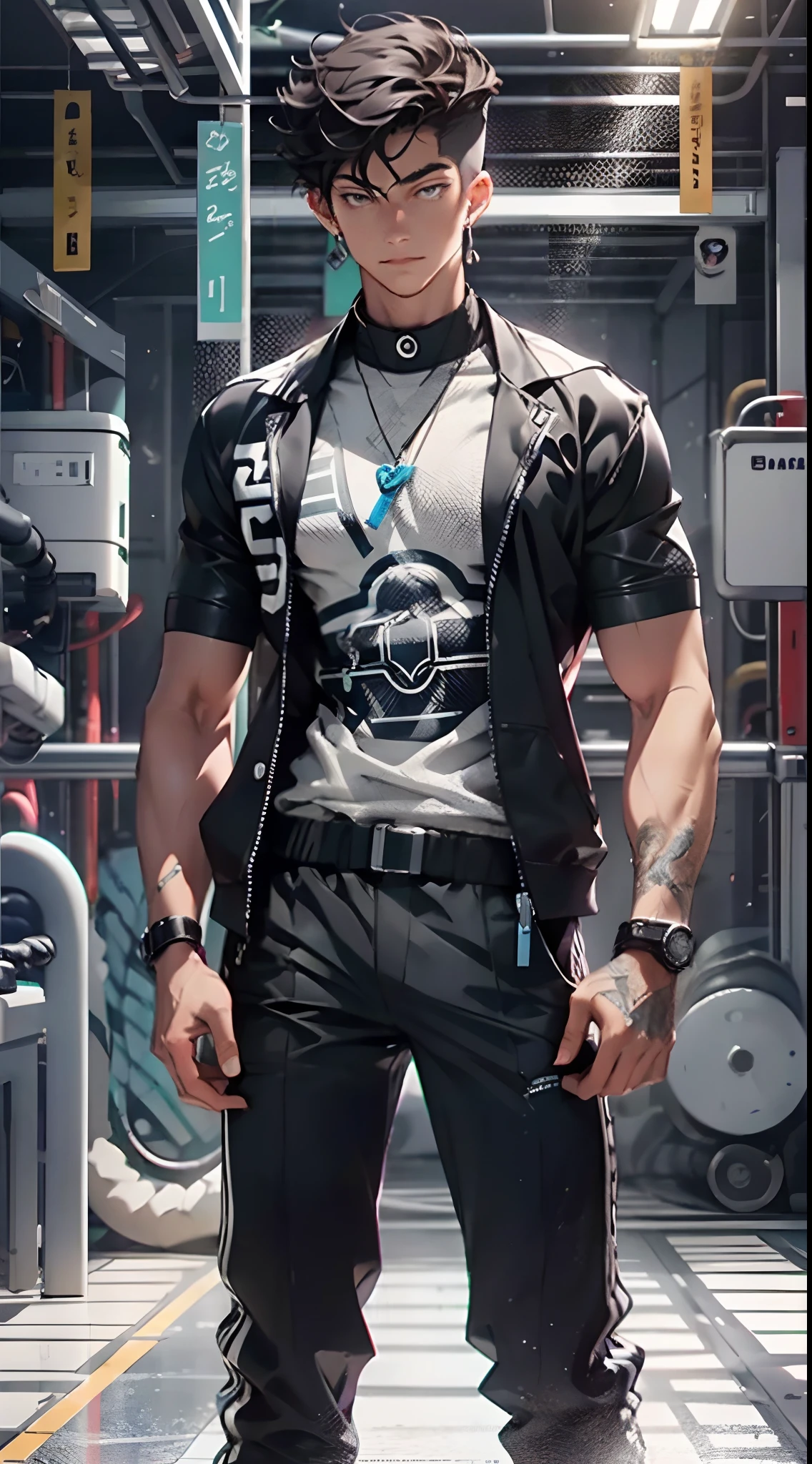 (cyber punk perssonage:1.3) , Black pantsuit, Black T-shirt with, melancholy lighting, A tranquil, peacful, luminance, tmasterpiece, best qualityer, (Ultra photo realsisim:1.3), (tmasterpiece:1.4), best qualtiy, ((realisticlying)), high high quality, ultra - detailed, ((Authentic images)), ((Realistic skin)), ((photorealiscic face)), (illustratio:1.05), (Handsome:1.05), (beatiful detailed eyes:1.05), (cinematric light:1.1), Blue in the detachment, perfect whole body,Black and blue clothes,White sneakers,(Handsome male),(perfect male figure), short detailed hair,Detailed face, Perfect face, (The stands up), Detailed background, ((Bonifasko lighting)), (Detailed eyes), perfect pupils,Abs,chest muscle,a dark tanned skin