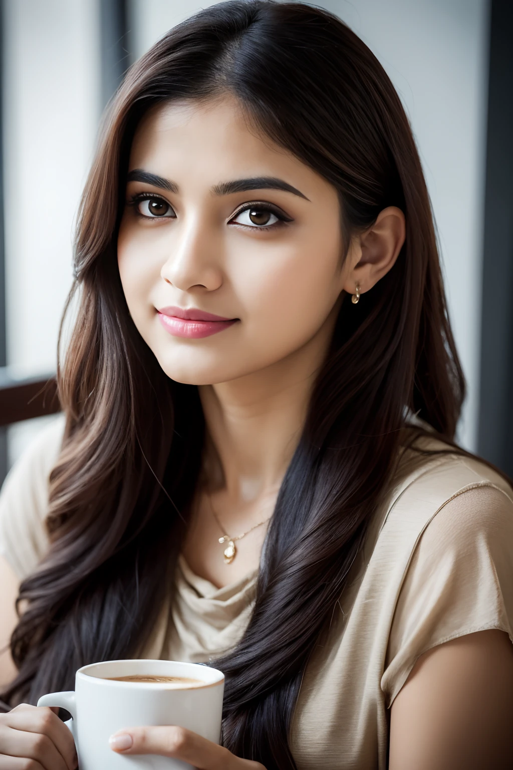 Portrait of A confident-looking indian girl with long flowing hair, having coffee at coffee shop,hazel and brown eyes, c-cup breasts,bokeh, perfect composition, hyperrealistic, super detailed, 8k, high quality, trending art, trending on artstation, sharp focus, studio photo, intricate details, highly detailed