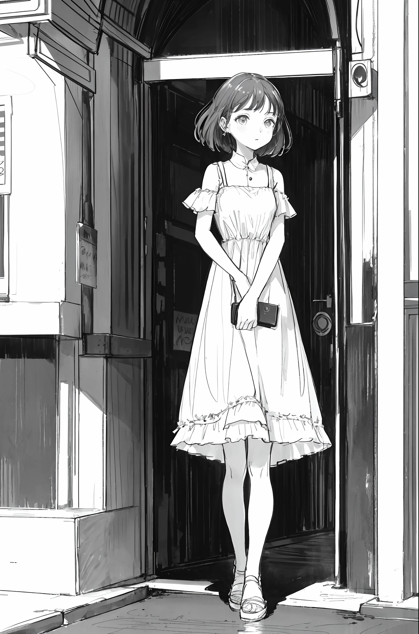 1girl, A girl in a short evening dress is standing in the middle of the street, no colors