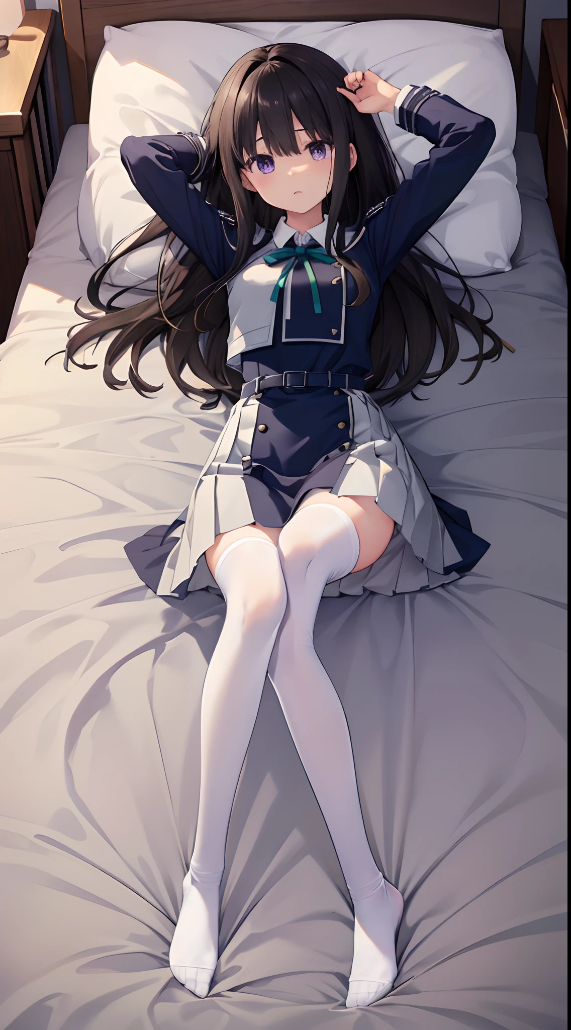 Takiinoue, Inoue Takina, Long hair, Bangs, Black hair, (Purple eyes:1.2), BREAK  shirt, Long sleeves, Dress, bow ribbon, School uniform, White shirt, Collared shirt, Belt bag, Neck ribbon, Blue Dress, Green Ribbon, pleated dress, grey dress, Two-tone dresses, Blue belt, Lycoris Uniform,​masterpiece、top-quality、best、超A high resolution、intricate-detail、An ultra-fine illustrations、perfect anatomia、Correct anatomy、Full body of one girl、Lying in the bedroom、(Cuffed、Fastening restraints:1.4)、Rough breath、Arms raised、raise two hands、Straighten your arms、Lying on the bed in the bedroom、laying on back、Tied torso、ropes、Put your arms behind your back、Tied behind the back with a rope、Pained look、crying how bright、Sad eyebrows、Wide opening mouth、shed tears、perfectly proportions、face perfect、Hands are２Boken、perfect hand、The feet are in２Boken、perfect leg、5 fingers、Perfect fingers、With four thin fingers１Book thumb、small toes on the feet、24 year old、女の子1人、Whole body from head to leg、full body Esbian、Thin leg、small tits、laying on back、Inter-strands、Facing the front、Panchira、Front-facing、Lower body facing forward、Slender feet、Slender thighs、Slim toes、Full body portrait、Pure white panties、Black_Wearing white panties inside stockings、Wearing white panties inside black transparent stockings、Wearing white panties inside black stockings、Wearing white panties inside black pantyhose、Wearing white panties inside black lace pantyhose、Wearing white panties inside stockings with black lenses、Wearing black light pantyhose and white panties、Wearing black transparent pantyhose and white panties、No shoes、No shoes on、pure white under black stockings,_panties on、Panties are visible from the skirt、Bedrooms、in a house、during daytime、（small tits）、((full body Esbian))、​masterpiece、（top-quality