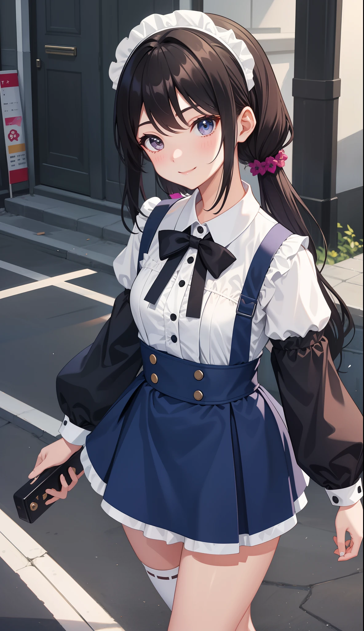 1girl in、AS-Adult、A smile、The shirt、Mini skirt、pantiy、（small tits）、doress、pinafore、Hair decoration、（Maid costume）、Walking with a thigh、Upper body portrait、