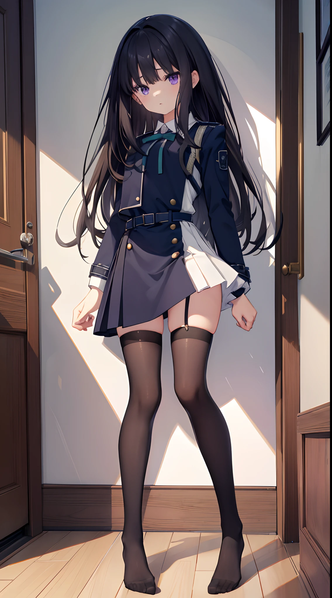 Takiinoue, Inoue Takina, Long hair, Bangs, Black hair, (Purple eyes:1.2), BREAK  shirt, Long sleeves, Dress, bow ribbon, School uniform, White shirt, Collared shirt, Belt bag, Neck ribbon, Blue Dress, Green Ribbon, pleated dress, grey dress, Two-tone dresses, Blue belt, Lycoris Uniform,​masterpiece、top-quality、best、超A high resolution、intricate-detail、An ultra-fine illustrations、perfect anatomia、Correct anatomy、Full body of one girl、Lying in the bedroom、(Cuffed、Fastening restraints:1.4)、Rough breath、Arms raised、raise two hands、Straighten your arms、Lying on the bed in the bedroom、laying on back、Tied torso、ropes、Put your arms behind your back、Tied behind the back with a rope、Pained look、crying how bright、Sad eyebrows、Wide opening mouth、shed tears、perfectly proportions、face perfect、Hands are２Boken、perfect hand、The feet are in２Boken、perfect leg、5 fingers、Perfect fingers、With four thin fingers１Book thumb、small toes on the feet、24 year old、女の子1人、Whole body from head to leg、full body Esbian、Thin leg、small tits、laying on back、Inter-strands、Facing the front、Panchira、Front-facing、Lower body facing forward、Slender feet、Slender thighs、Slim toes、Full body portrait、Pure white panties、Black_Wearing white panties inside stockings、Wearing white panties inside black transparent stockings、Wearing white panties inside black stockings、Wearing white panties inside black pantyhose、Wearing white panties inside black lace pantyhose、Wearing white panties inside stockings with black lenses、Wearing black light pantyhose and white panties、Wearing black transparent pantyhose and white panties、No shoes、No shoes on、pure white under black stockings,_panties on、Panties are visible from the skirt、Bedrooms、in a house、during daytime、（small tits）、((full body Esbian))、​masterpiece、（top-quality