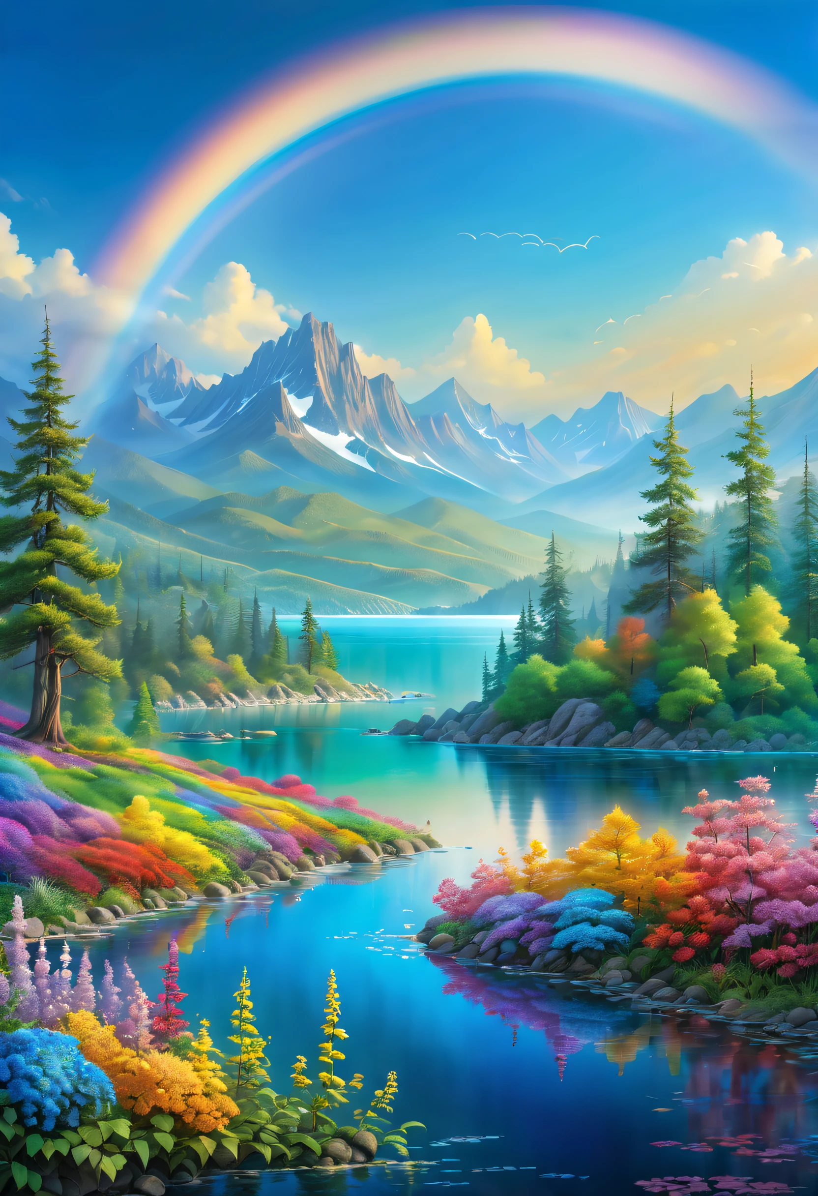 a vibrant rainbow, with colors blending seamlessly, arching across a clear blue sky, illuminating the surrounding landscape with its brilliance, reflecting on the glistening water below, casting a colorful spectrum on the flowers and trees, bringing joy and beauty to the world, captured in a stunning photograph, with vivid colors and sharp focus, enhanced by HDR technology, emphasizing the natural beauty of the scene, creating a masterpiece that celebrates the wonders of nature.