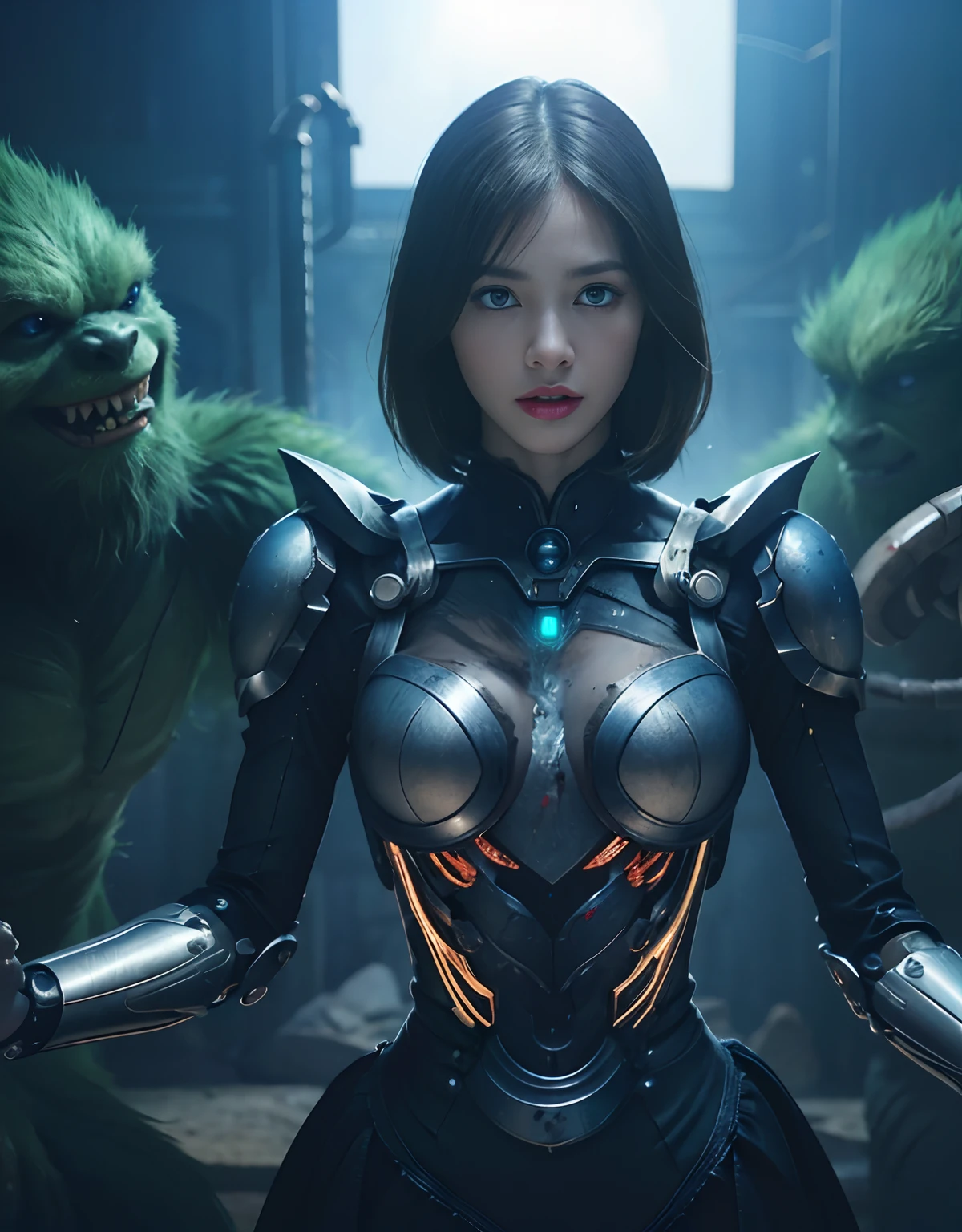 (1 Mechanical Girl)、top-quality、masterpiece、超A high resolution、(Photorealsitic:1.4)、Raw photo、1人、Fight mutants、glowy skin、(((1 Mechanical Girl)))、With a beautiful knife、(Green Metal Bodysuit)、(Kobold、ogre、Fierce battle with orcs),(Fight fiercely against aliens)、Fight fiercely、(beautiful forest background)、(Fighting Demonic Beasts)、(Small LED)、((super realistic details))、portlate、(Strong giant demon beast background),globalillumination、Shadow、octan render、8K、ultrasharp、Colossal tits、Raw skin is exposed in cleavage、metals、Details of complex ornaments、Japan details、highly intricate detail、Realistic light、(Mystical expression),CGSoation Trends、Blue eyes、radiant eyes、Facing the camera、neon details、(Mechanical limbs)、(blood vessels connected to tubes)、Mechanical vertebrae attached to the back、mechanical cervical attaching to neck、(Wires and cables connecting to the head)、Gundam、Small LED、,Mechanical thighs、Toostock、(Hands are also made of machines)、(Attack of the Monster Beasts)、(Wounded in a deadly battle)、