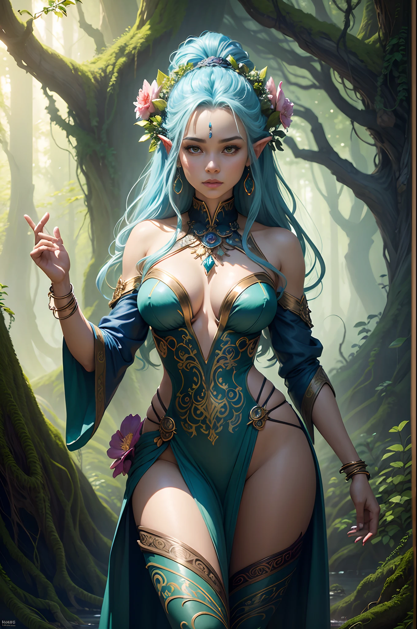 goddess dryad of the forest, strong expression, roots, concept art, rimlights, flowers overgrown, detailed flowing blue hair, Artgerm and Paul lewin and kehinde wiley, highly detailed digital painting, fantasy art, mystical, mesmerizing, fantastical, vibrant, majestic, mysterious, breathtaking, fantasy, fairytale, intricate, forest, flora, visually stunning, matte painting, concept art, trending on artstation