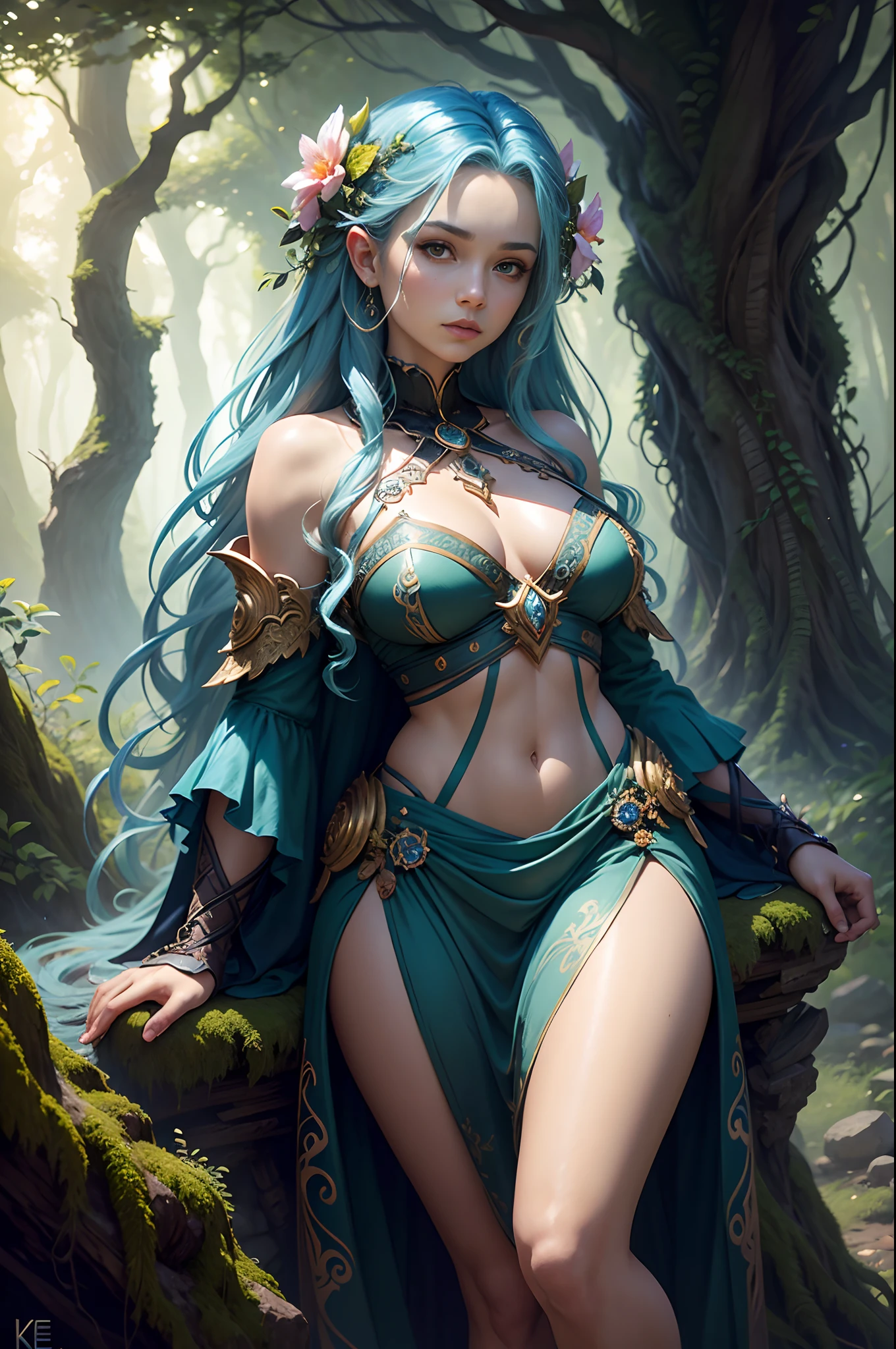 goddess dryad of the forest, strong expression, roots, concept art, rimlights, flowers overgrown, detailed flowing blue hair, Artgerm and Paul lewin and kehinde wiley, highly detailed digital painting, fantasy art, mystical, mesmerizing, fantastical, vibrant, majestic, mysterious, breathtaking, fantasy, fairytale, intricate, forest, flora, visually stunning, matte painting, concept art, trending on artstation