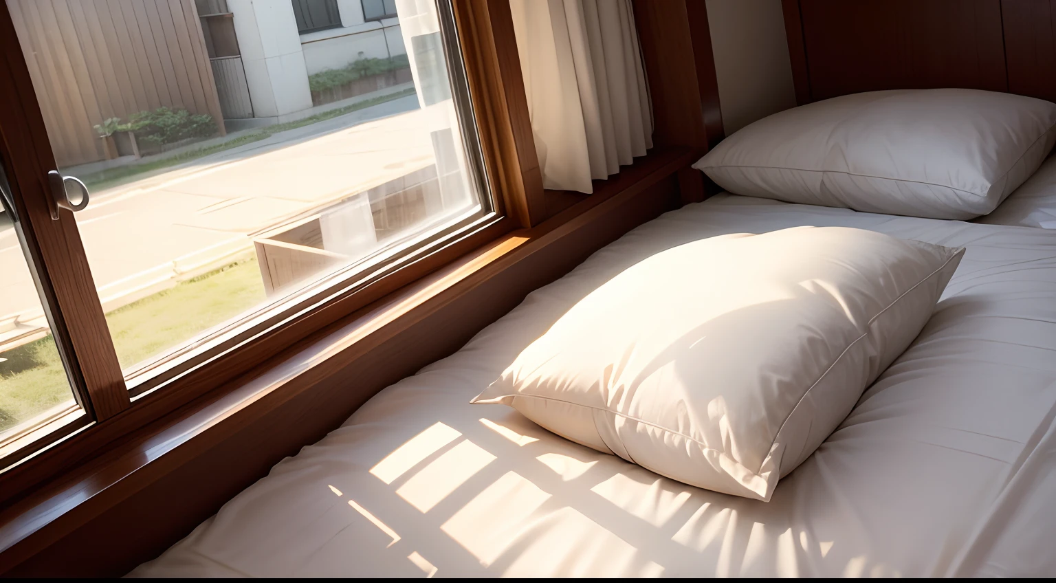 the morning sun、a bed、Outside the window