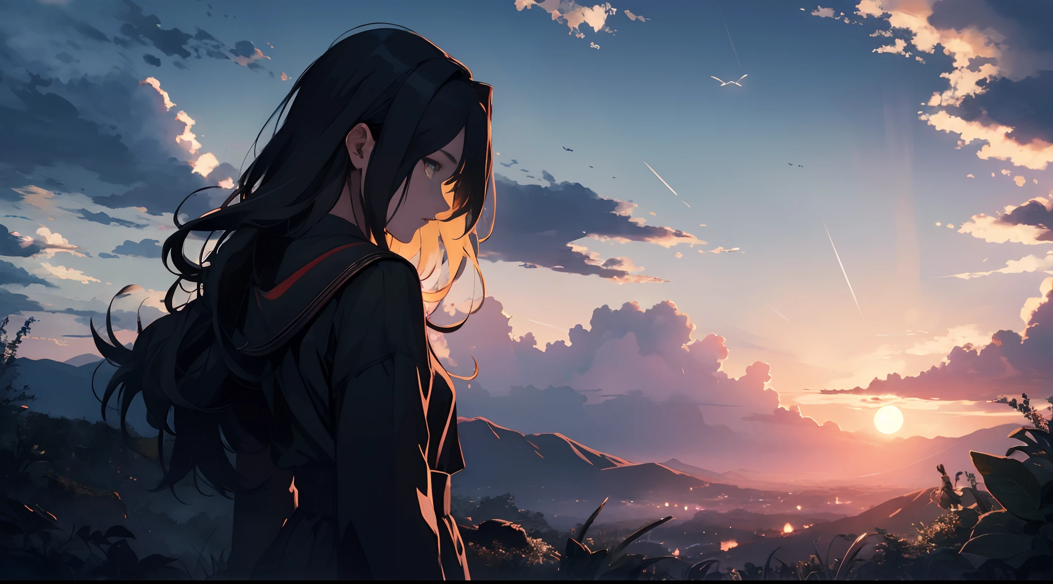 Masterpiece, best quality, night, hills, clouds, full moon, long hair, woman, silhouette, firefly.