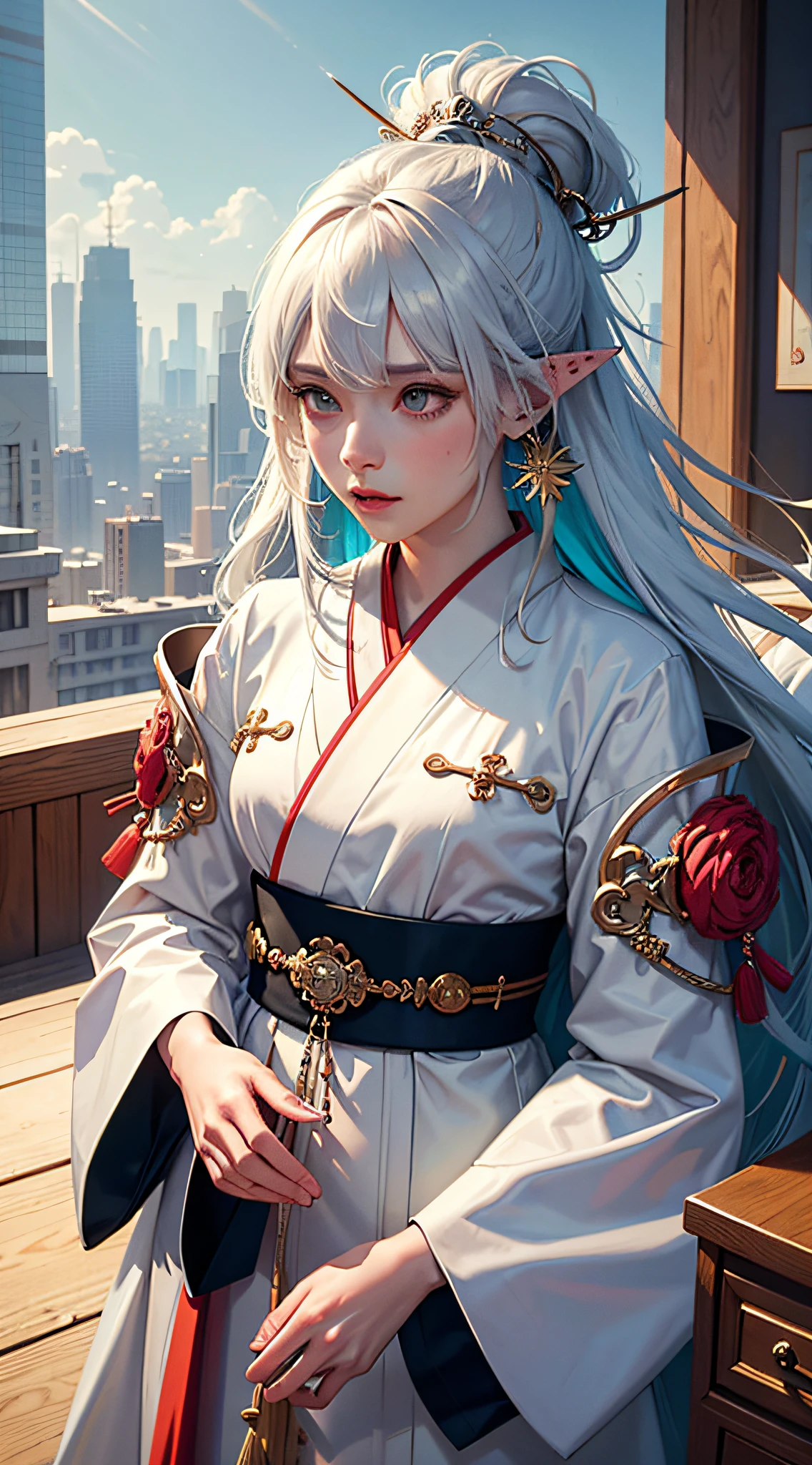 Concept Art, "1 Couple, Male Focus, Fin Ears, Multicolored Hair, Handsome Boy, Long White Hair, Tassels, Bangs, Carp, Colorful, Bold Colors, White Kimono, (Open) Kimono, Traditional Chinese Clothing, Close-up, Intimate Interaction in Bed, Stud Earrings, Rings, Sweat, Illuminate People", Colorful, Master Composition, Focus on Key Figures, Realism, Masterpiece, Award-Standing, Best Quality, Masterpiece, Ultra Detailed, 8K, Extremely Detailed CG Unity 8k wallpaper, complex, highly detailedrealistic