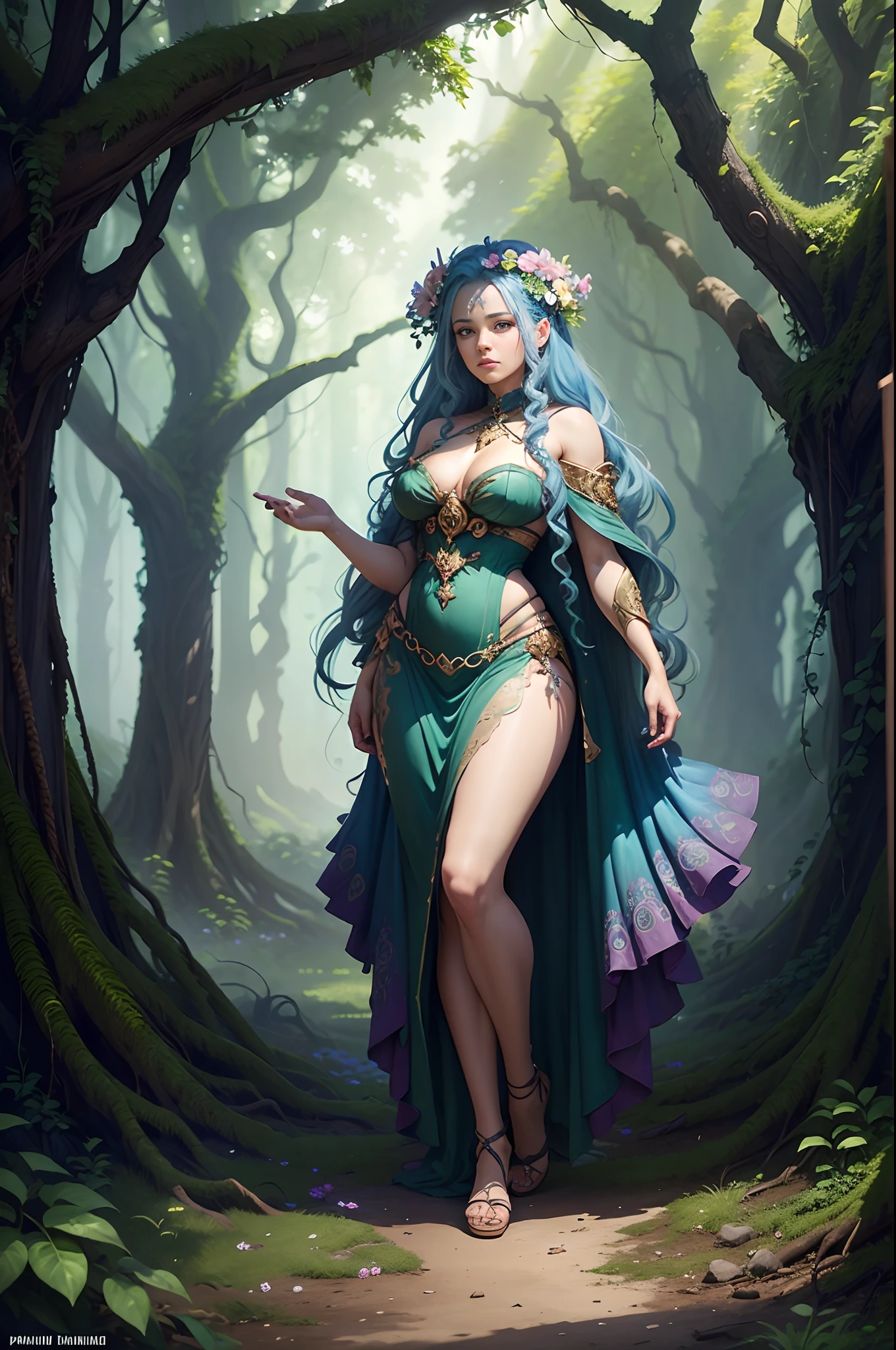 goddess dryad of the forest, strong expression, roots, concept art, rimlights, flowers overgrown, detailed flowing blue hair, Artgerm and Paul lewin and kehinde wiley, highly detailed digital painting, fantasy art, mystical, mesmerizing, fantastical, vibrant, majestic, mysterious, breathtaking, fantasy, fairytale, intricate, forest, flora, visually stunning, matte painting, concept art, trending on artstation
