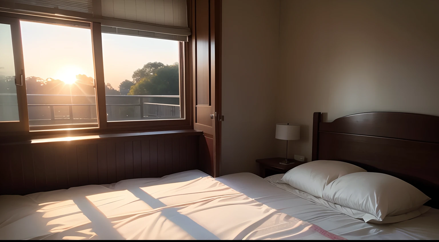 the morning sun、a bed、Outside the window